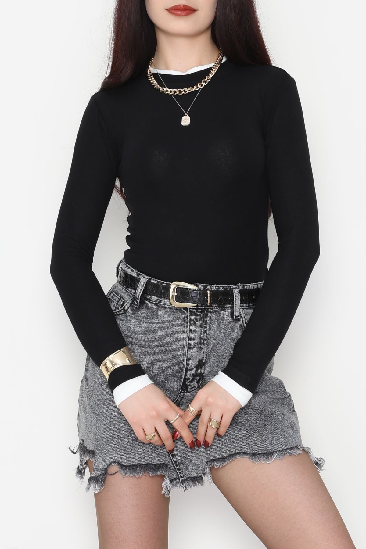 Buzzy Kumaş Bisiklet Yaka Parçalı Bluz Siyah - 1054.2119.