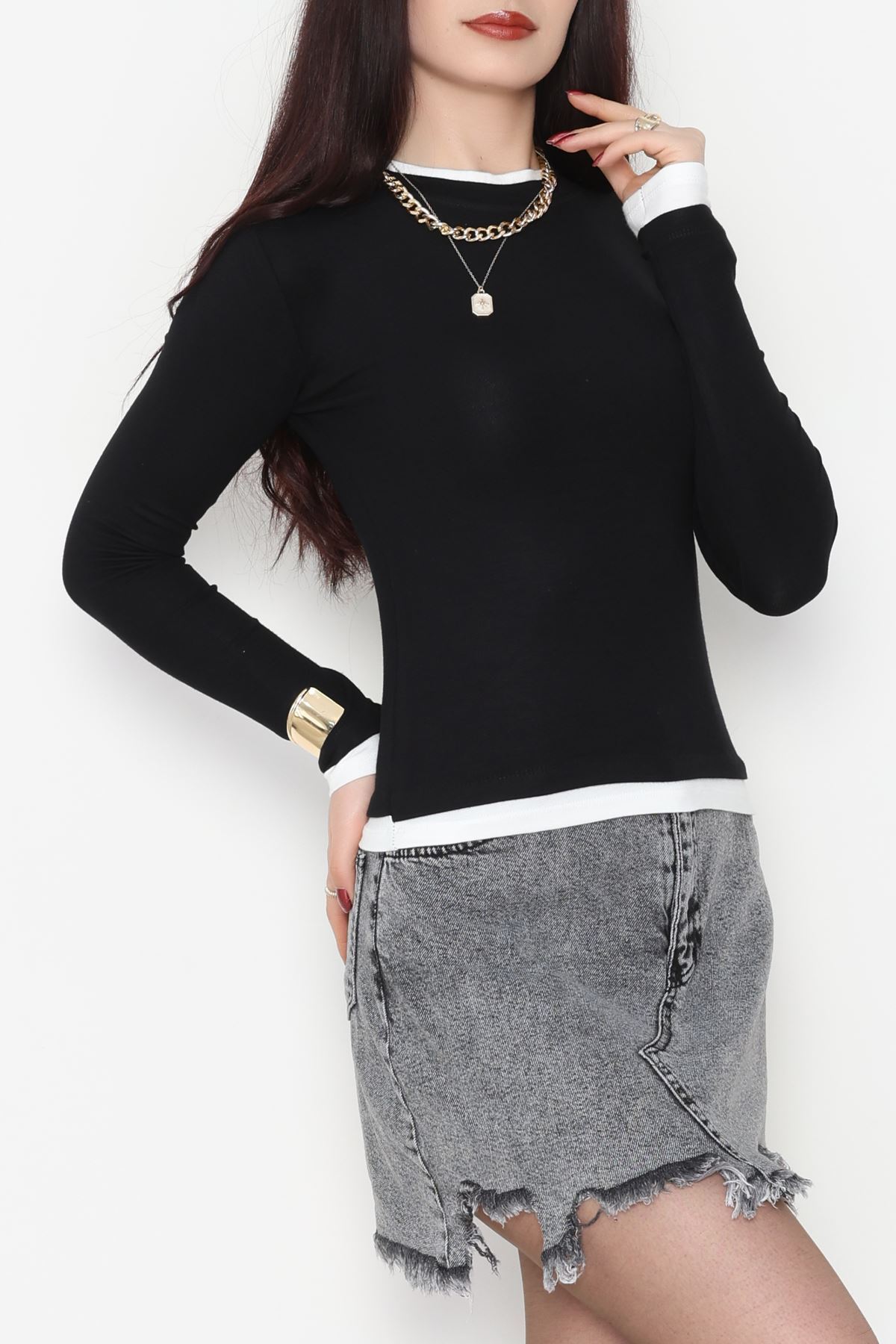 Buzzy Kumaş Bisiklet Yaka Parçalı Bluz Siyah - 1054.2119.