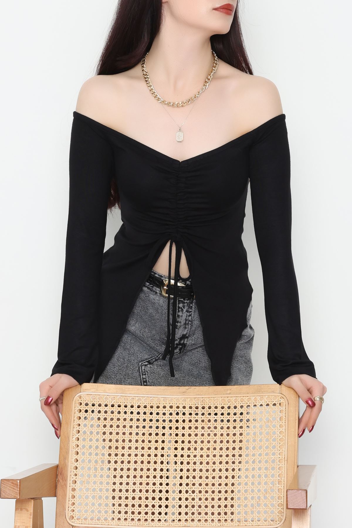 Buzzy Kumaş Önü Ayarlanabilir Büzgülü Bluz Siyah - 1009.2119.