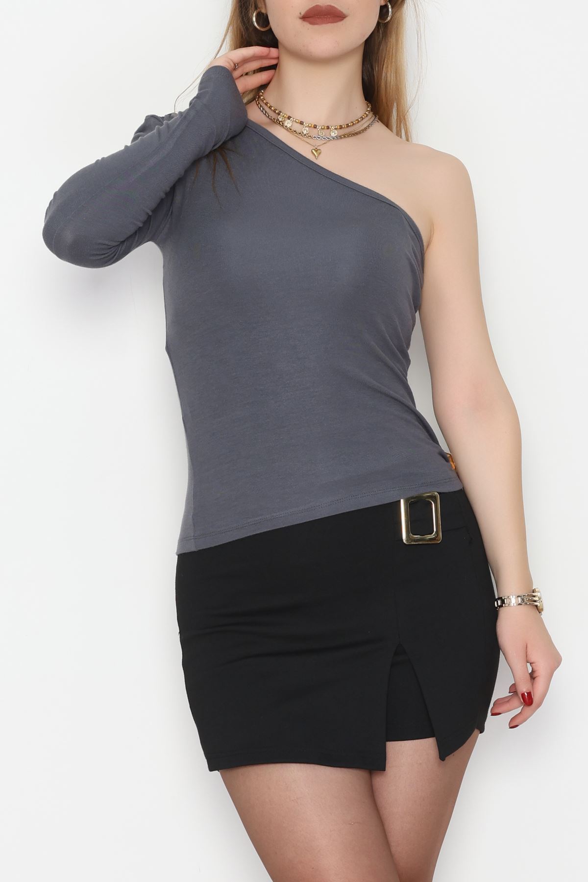 Buzzy Kumaş Tek Omuz Toka Detaylı Bluz Antrasit - 1052.2119.