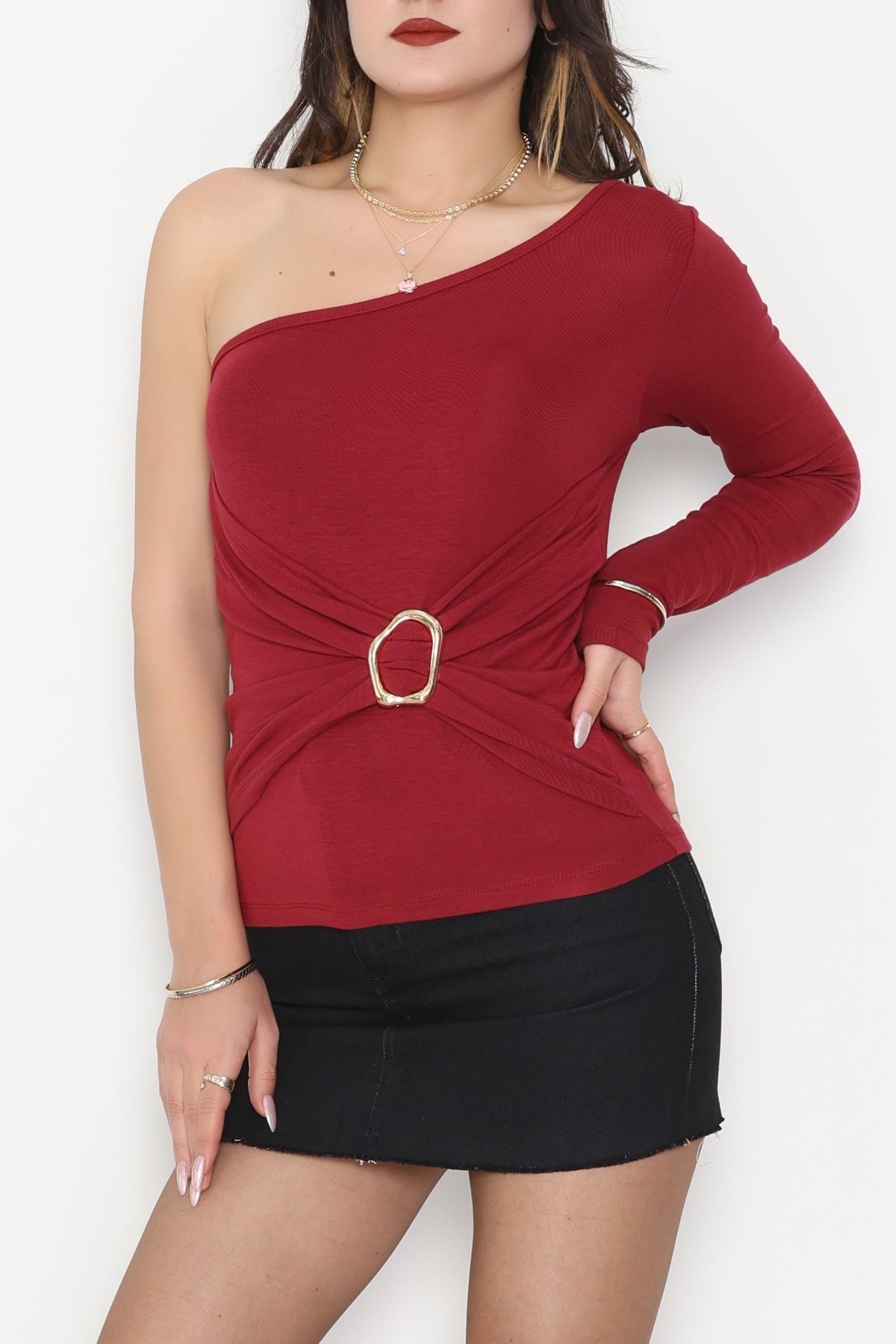 Buzzy Kumaş Tek Omuz Toka Detaylı Bluz Bordo - 1011.2119.