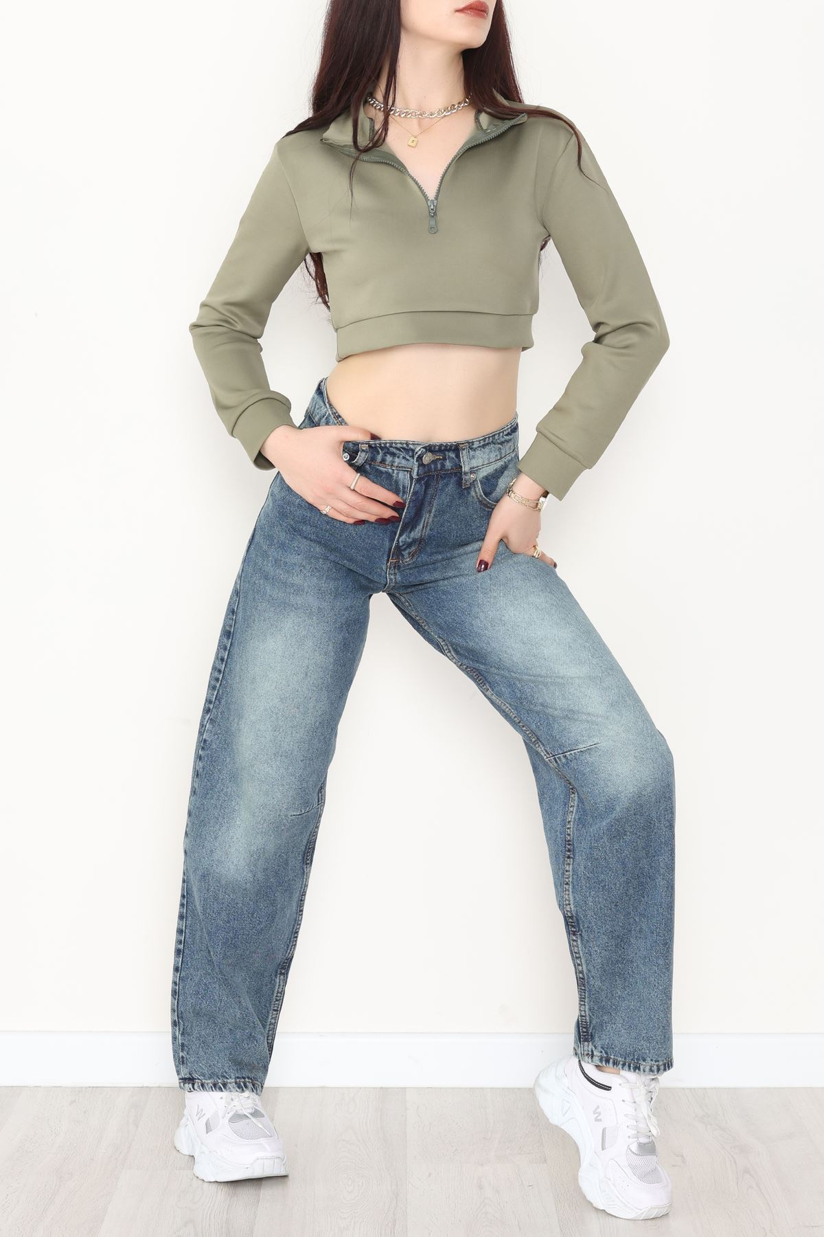 Arkası Tokalı Baggy Kot Pantolon Yeşiltint - 31712.2059.