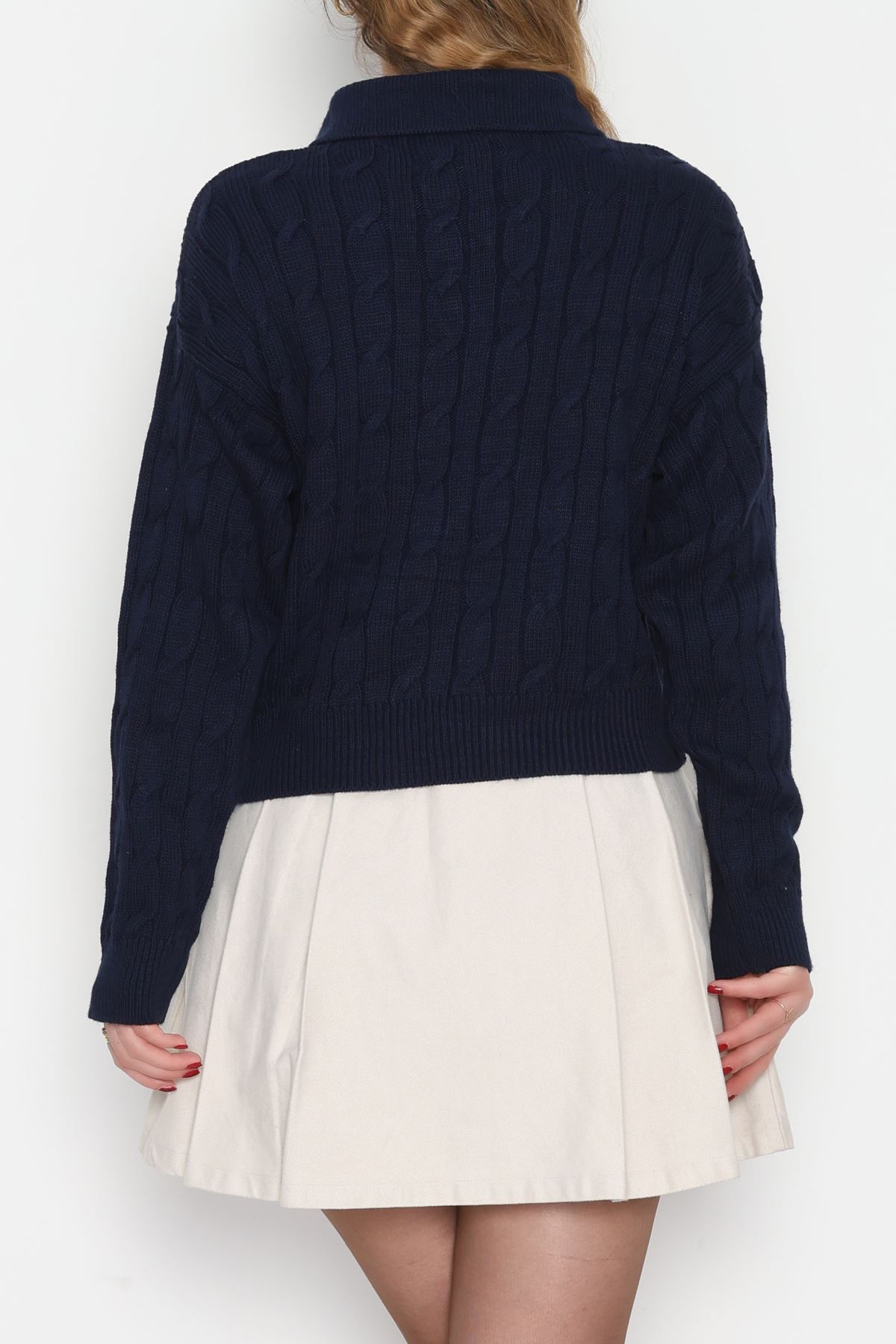 Saç Örgü Nakışlı Triko Kazak Lacivert - 2162.1247.