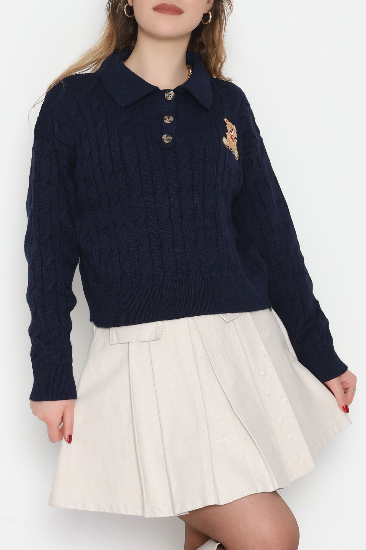 Saç Örgü Nakışlı Triko Kazak Lacivert - 2162.1247.