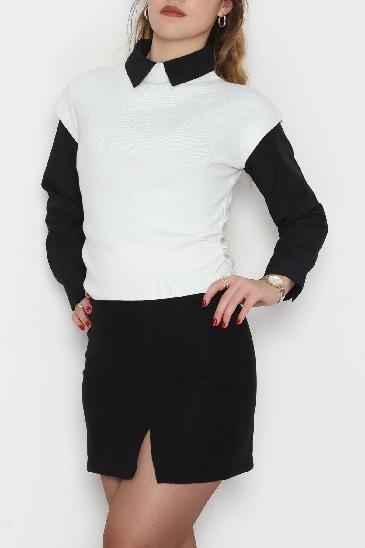 Yanları Büzgülü Triko Bluz Beyaz - 51110.1765.