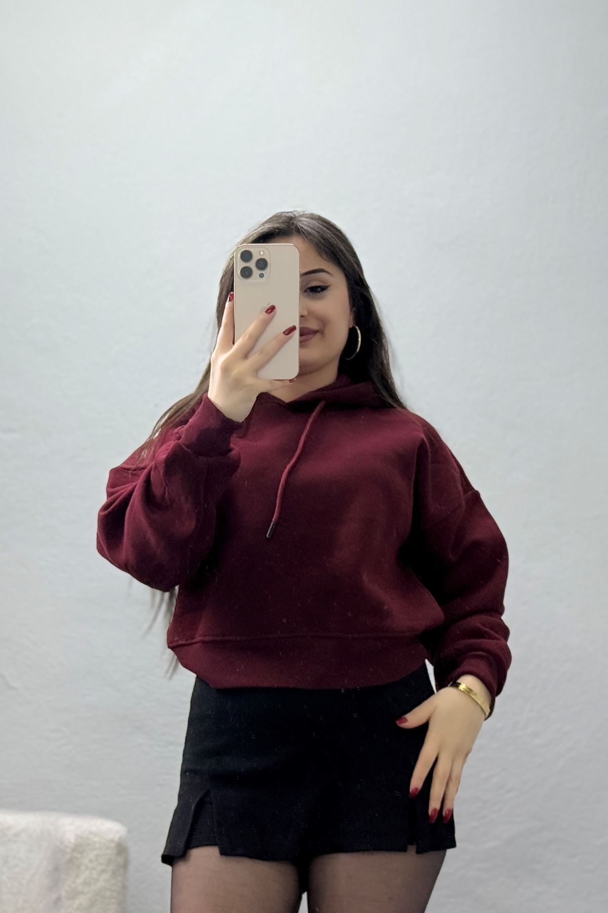 3 İplik Kapşonlu Crop Sweat Bordo - 20959.1878.