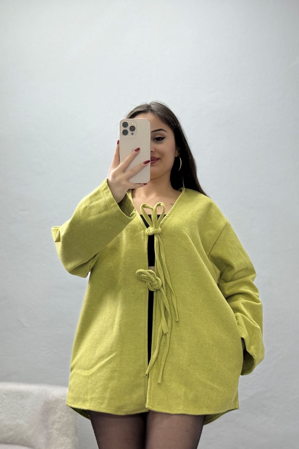 Önü Bağcıklı Kaşe Hırka Yağyeşili - 70995.1775.