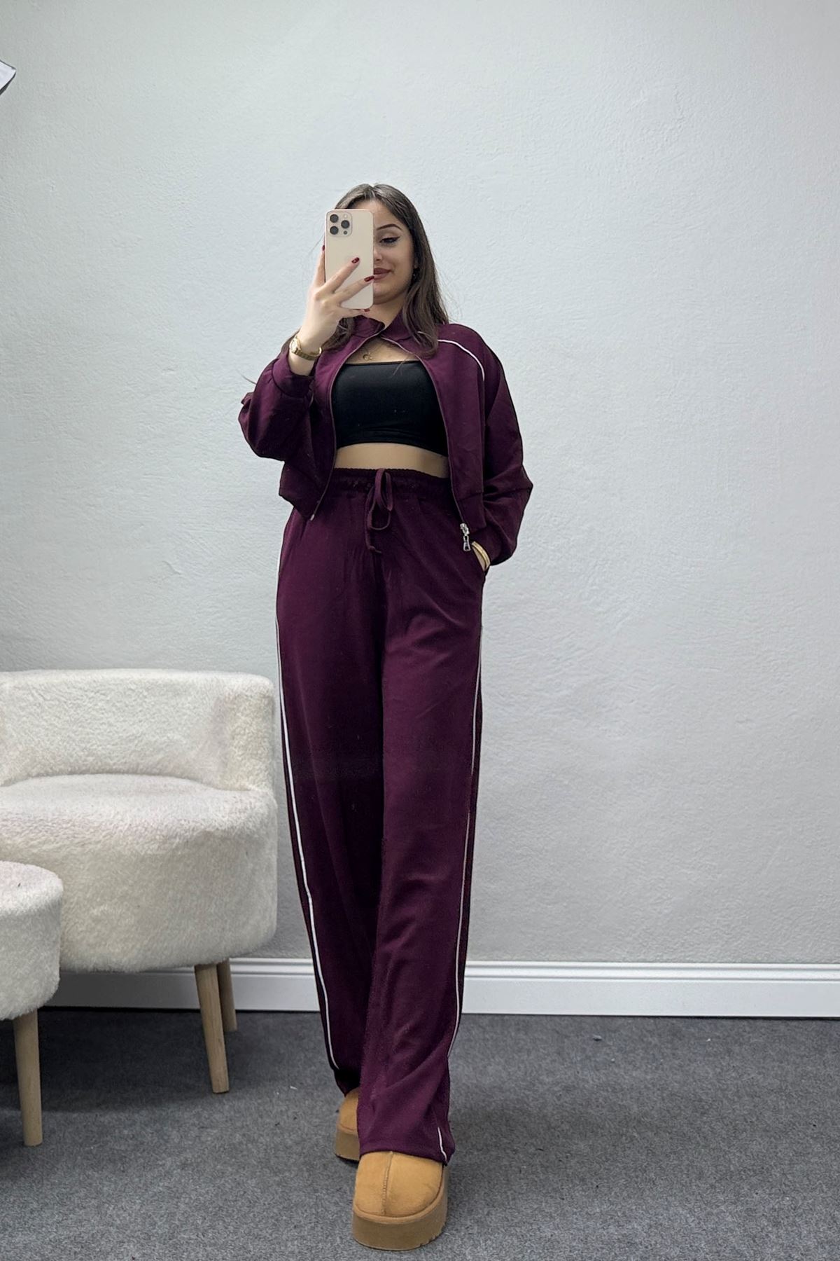 Biyeli Crop Eşofman Takımı Bordo - 4130.1247.