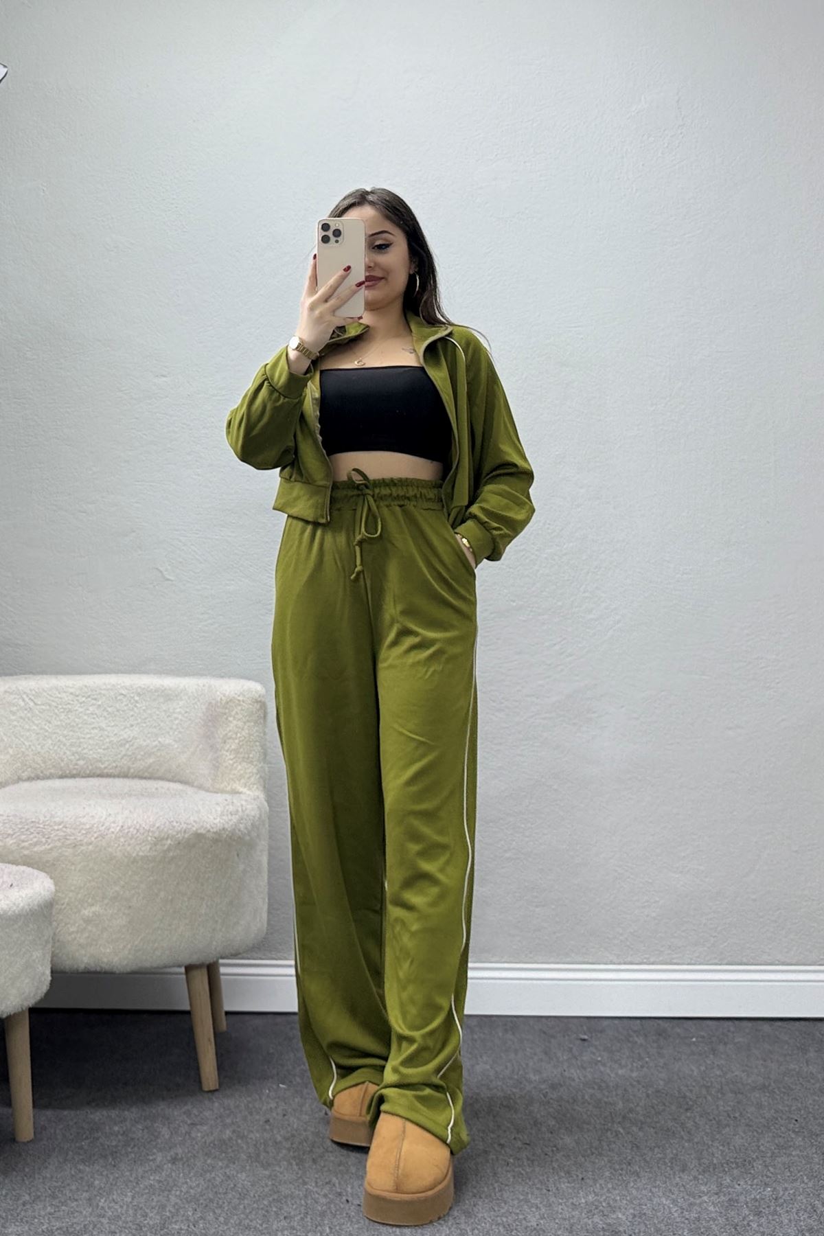 Biyeli Crop Eşofman Takımı Yeşil - 4130.1247.