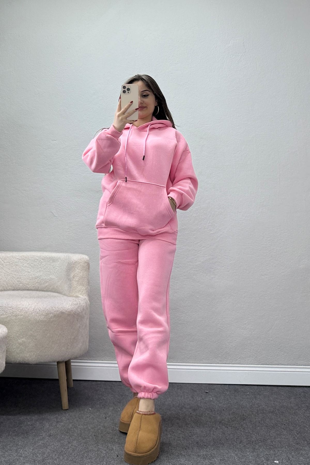 Kapşonlu 3 İplik Eşofman Takımı Pembe - 20965.1878.