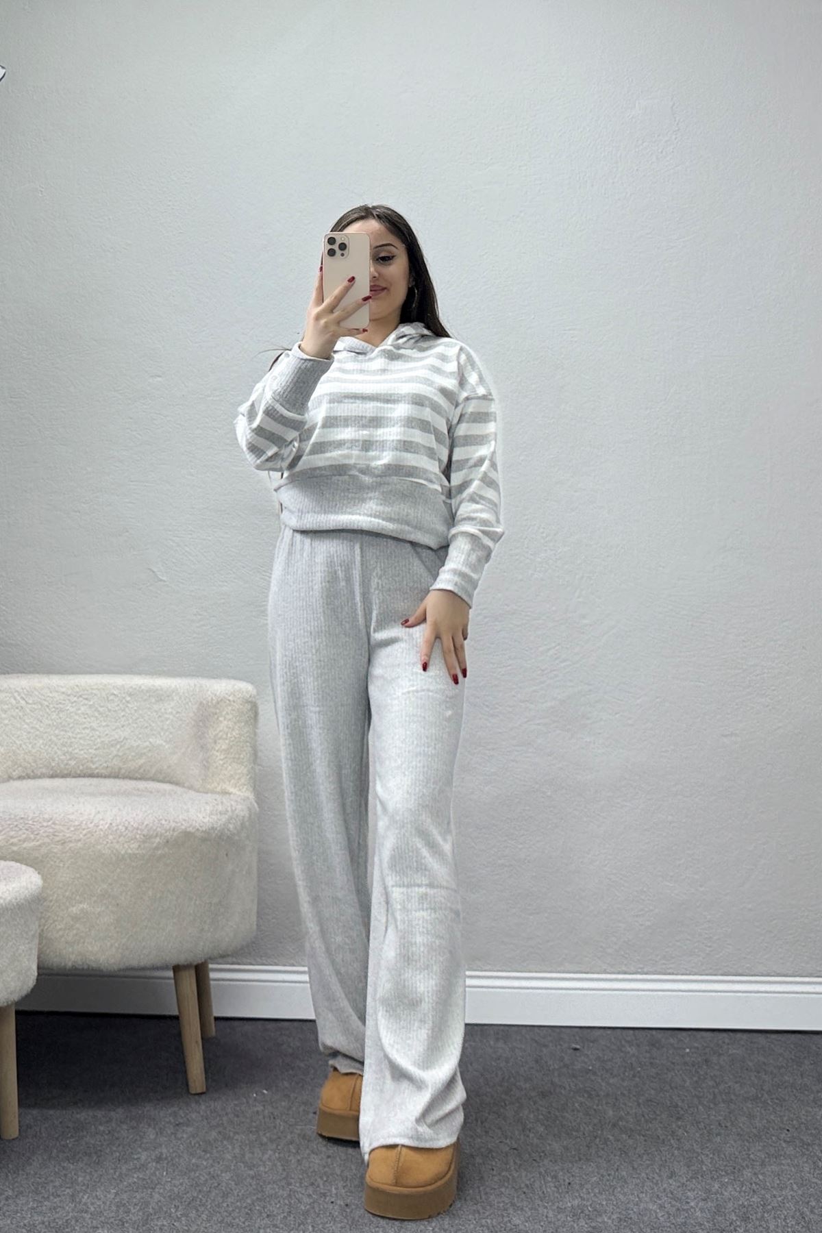 Kapşonlu Raporlu İnterlok İkili Takım Gribeyaz - 42742.1567.