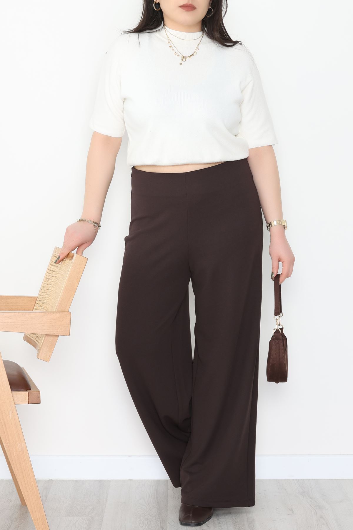 Full Likra İthal Krep Yandan Fermuarlı Büyük Beden Pantolon Kahve - 90162.1837.