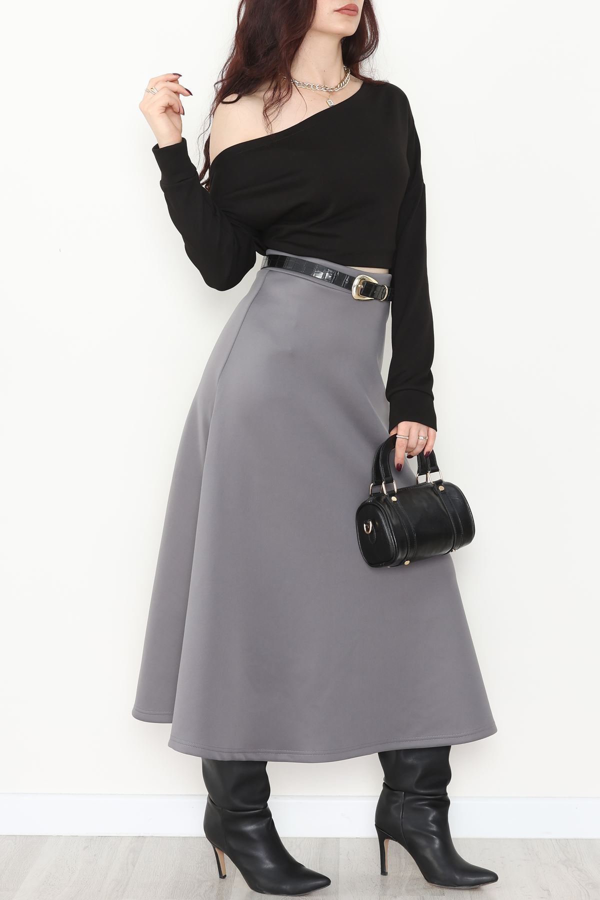 Puf Scuba Kumaş Uzun Etek Gri - 51104.1355.