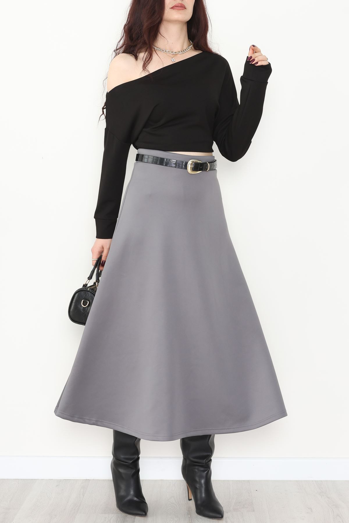 Puf Scuba Kumaş Uzun Etek Gri - 51104.1355.