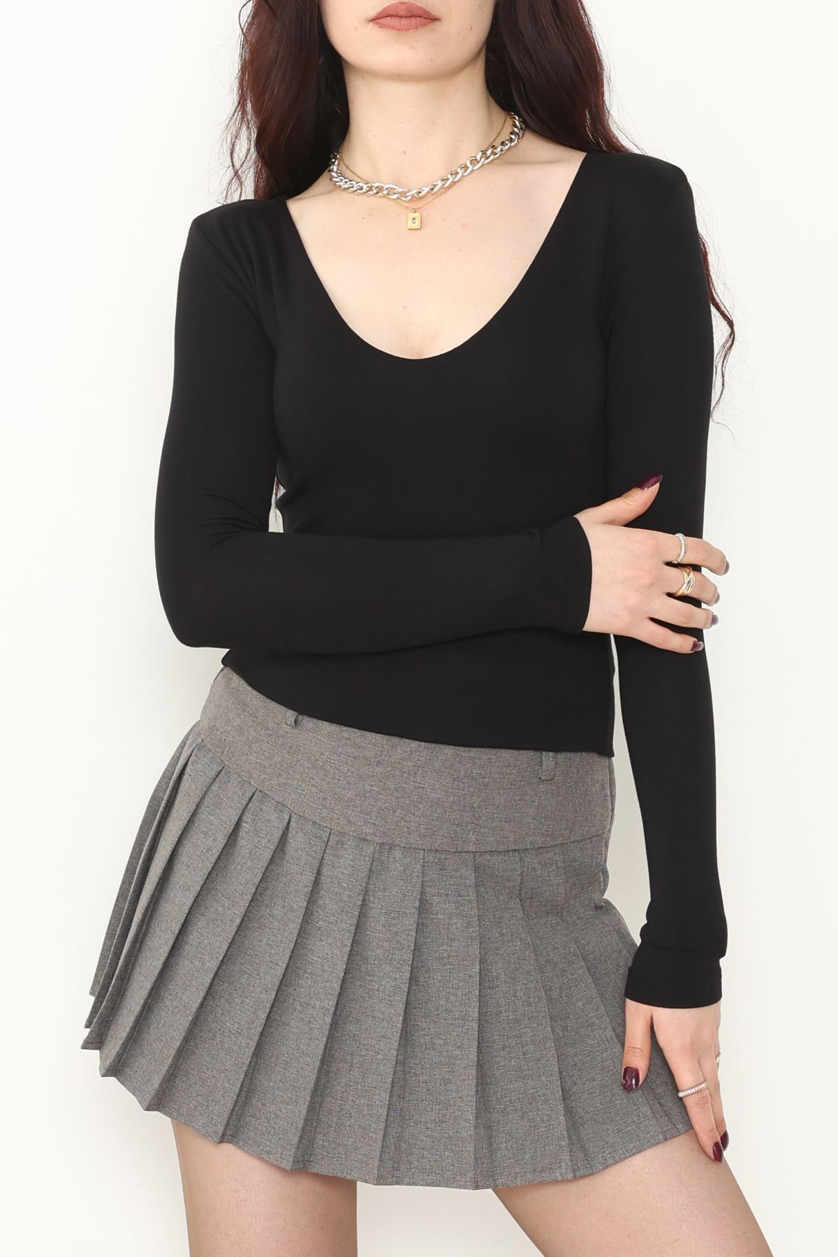 V Yaka Likralı Viskon Uzun Kollu Body Siyah - 22132.200.