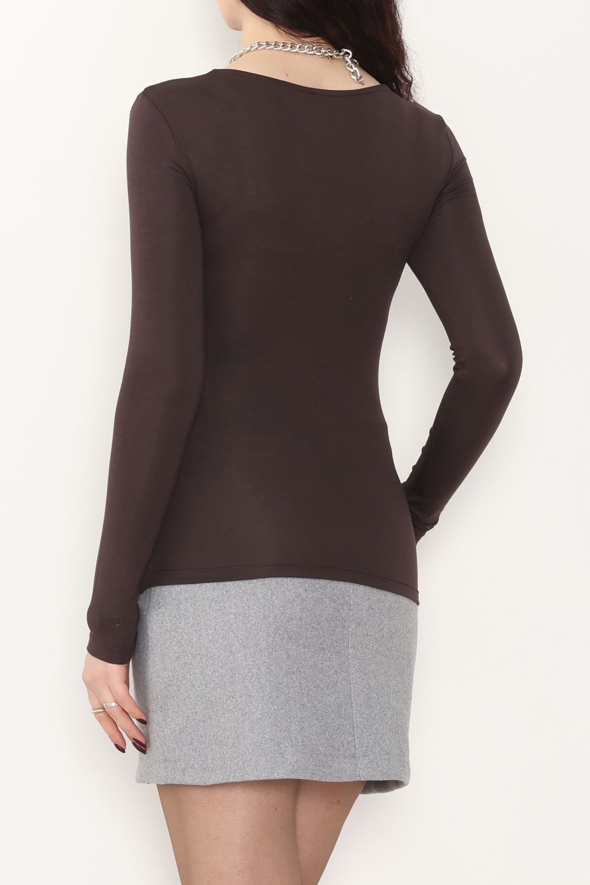 V Yaka Likralı Viskon Uzun Kollu Body Kahve - 22132.200.