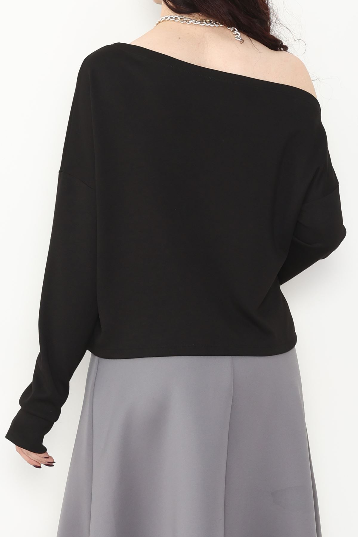 Kayık Yaka Omuz Düşümlü Double Face Kumaş Bluz Siyah - 22185.200.