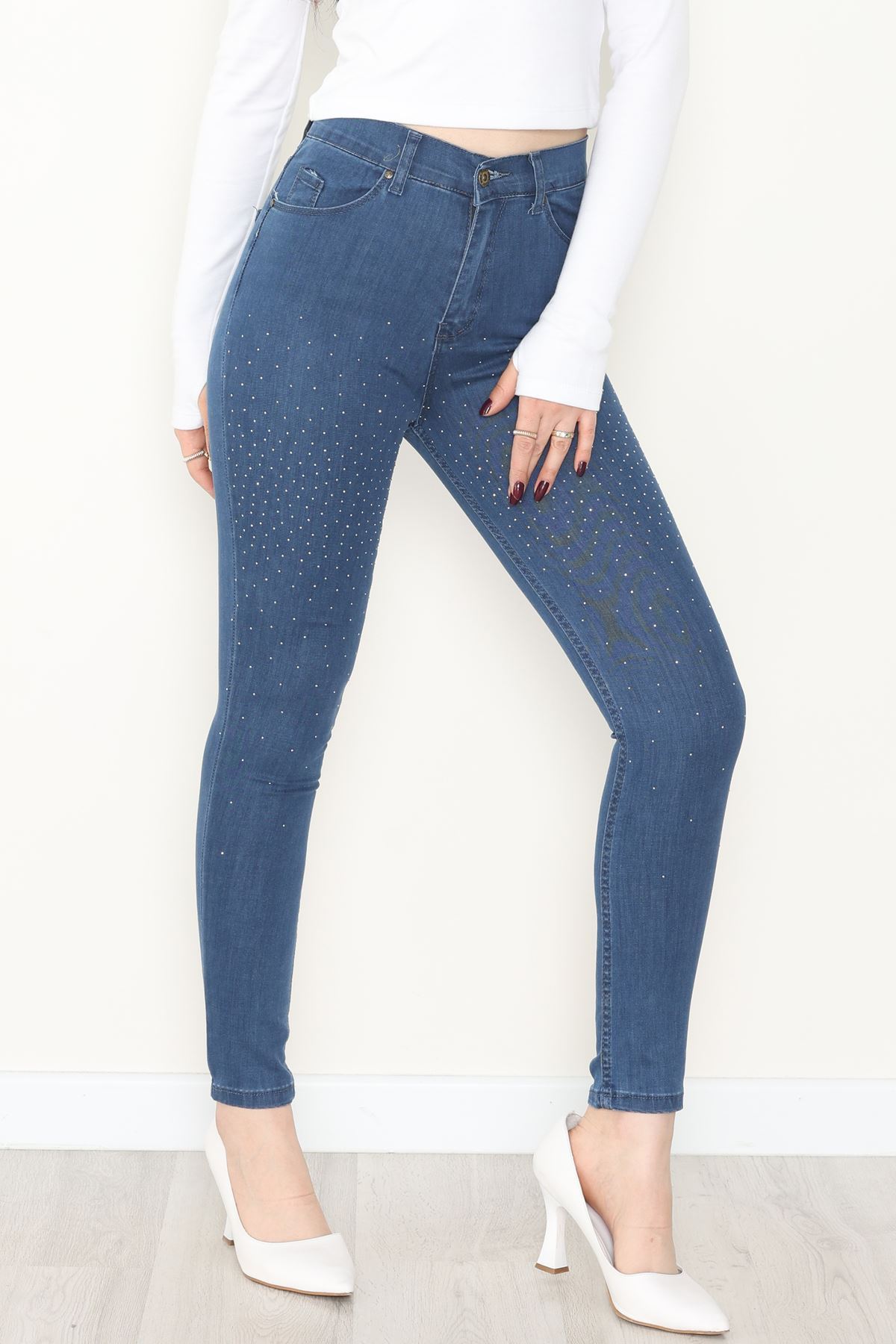 Taşlı Dar Paça Kot Pantolon İndigo - 31656.2112.