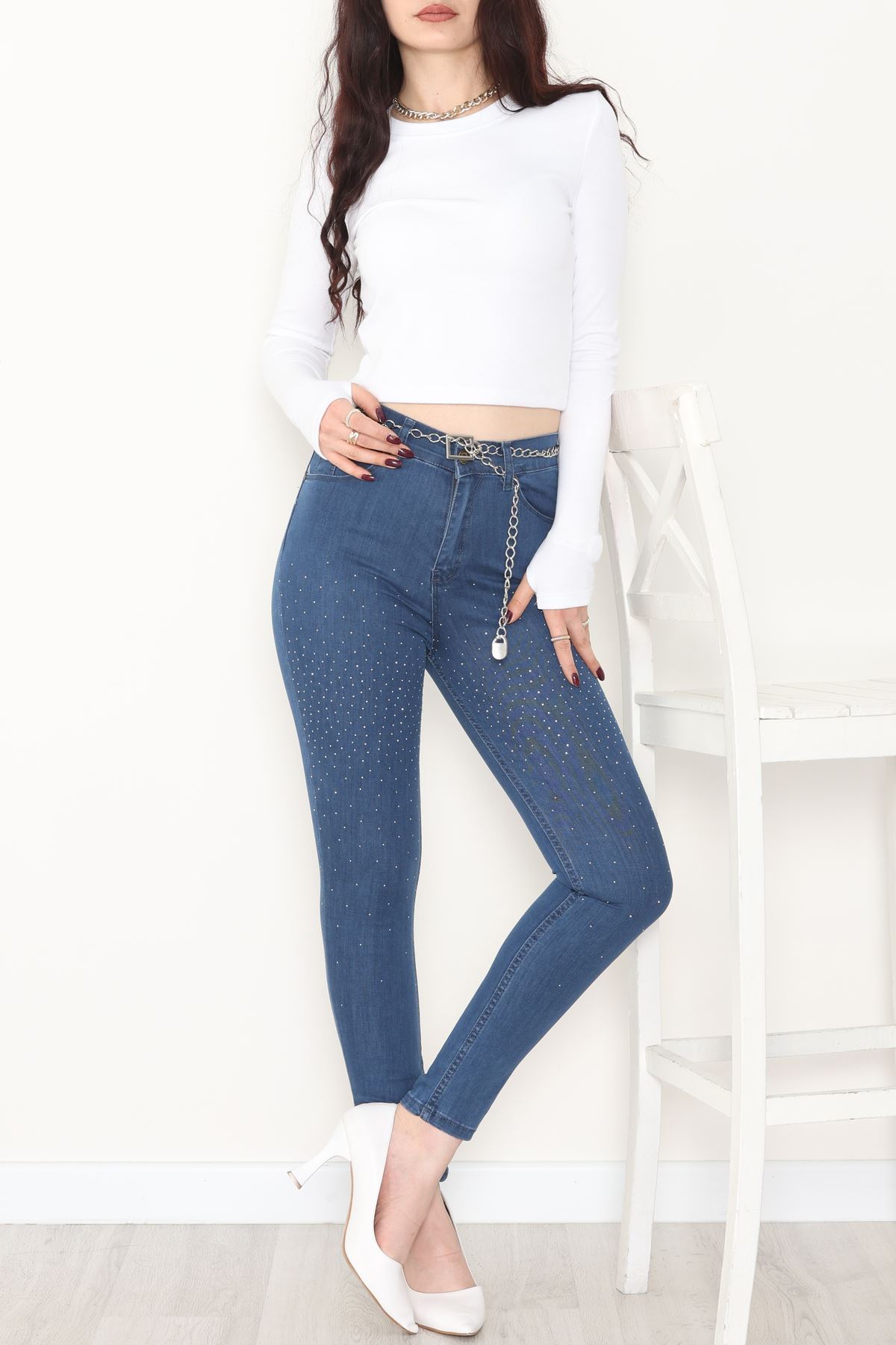 Taşlı Dar Paça Kot Pantolon İndigo - 31656.2112.
