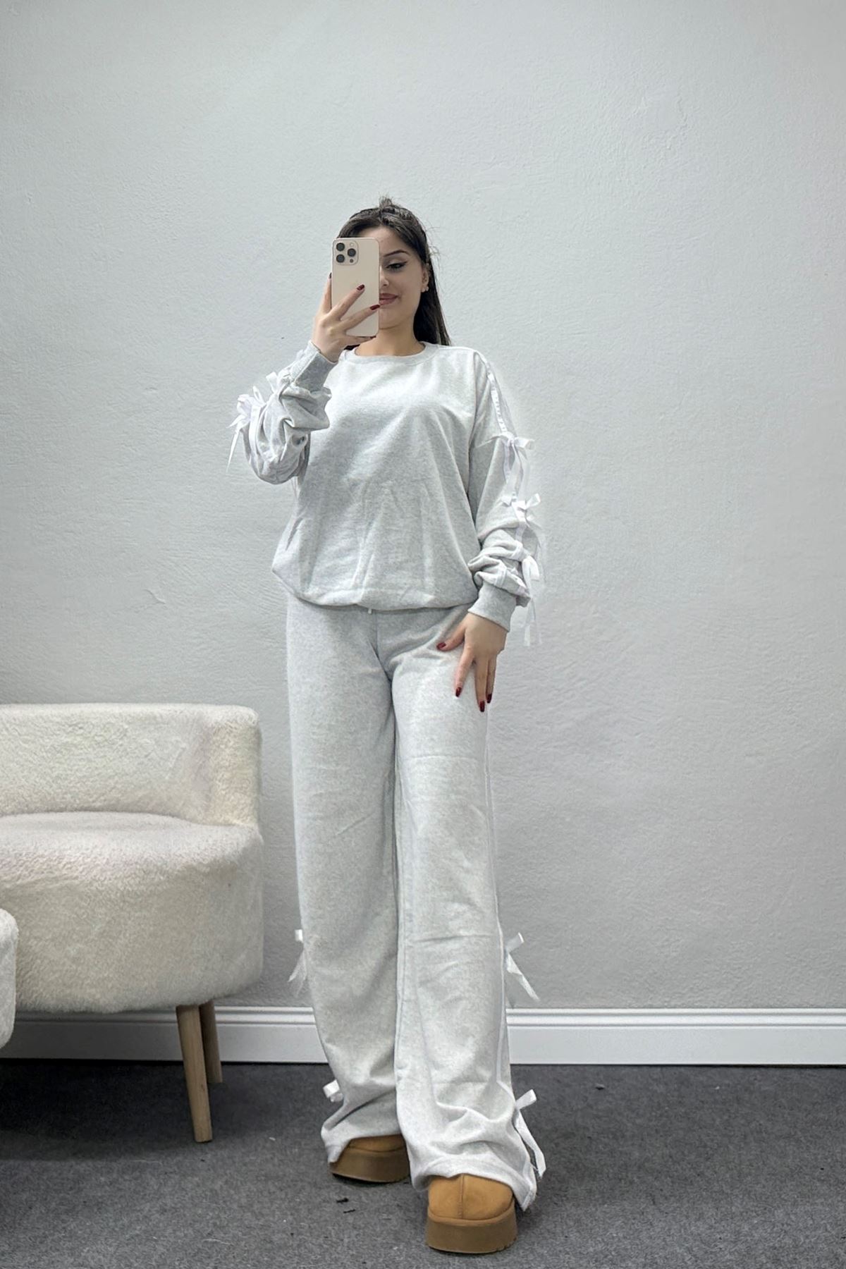 Özel Tasarım İki İplik Kurdele Detay Eşofman Takım Gri - 70164.1857.