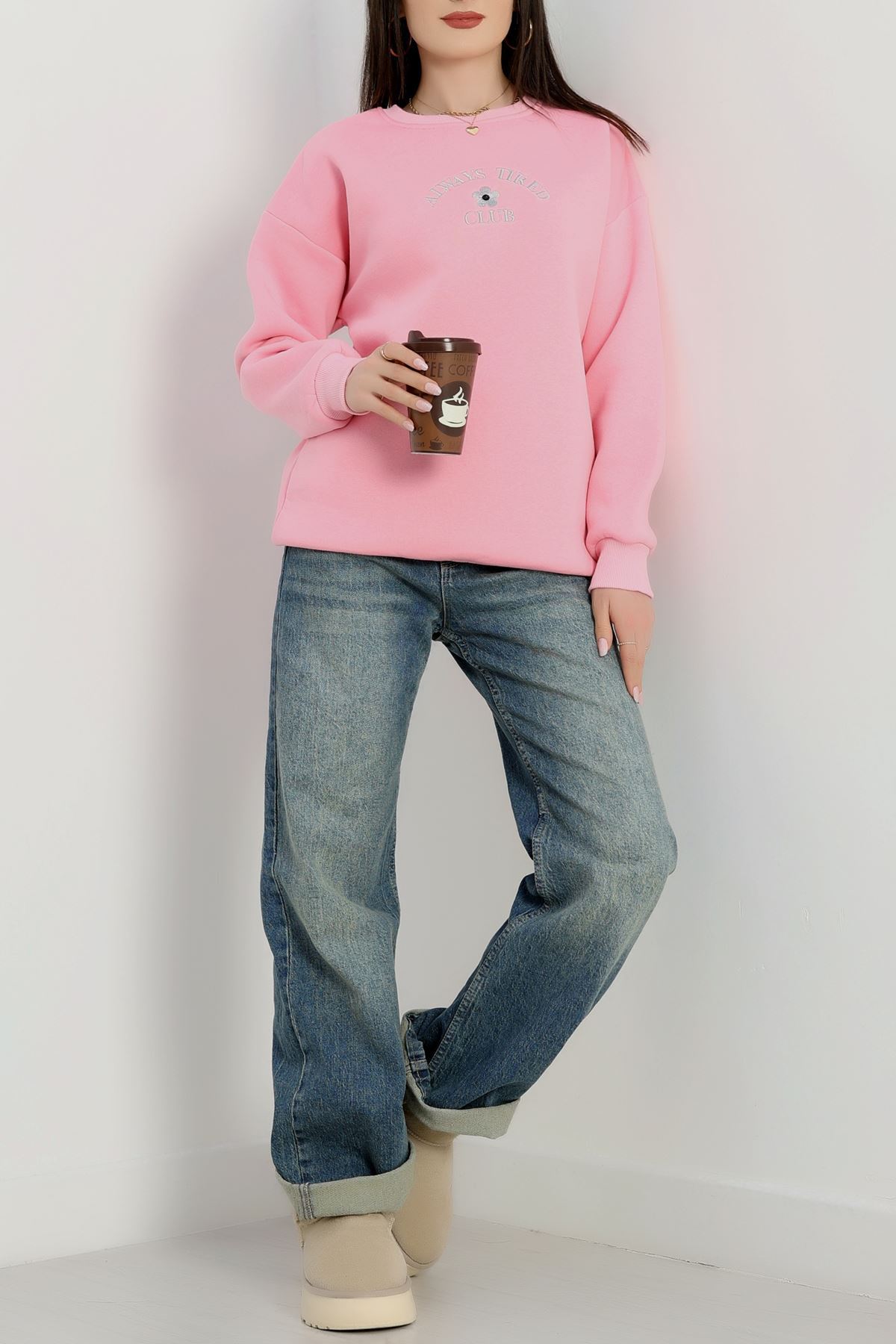 3 İplik Bisiklet Yaka Sweat Pembe - 42239.1878.