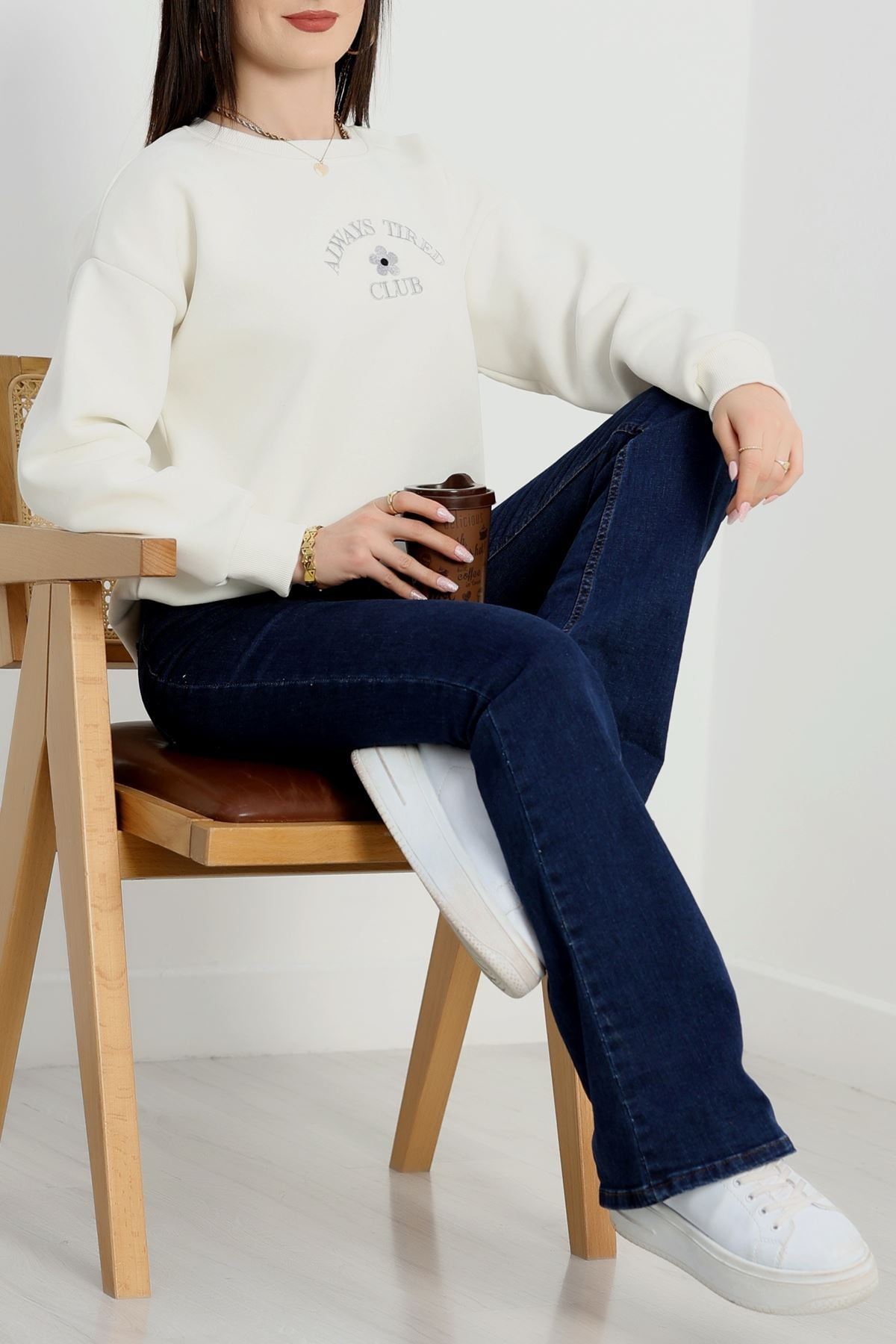 3 İplik Bisiklet Yaka Sweat Beyaz - 42239.1878.