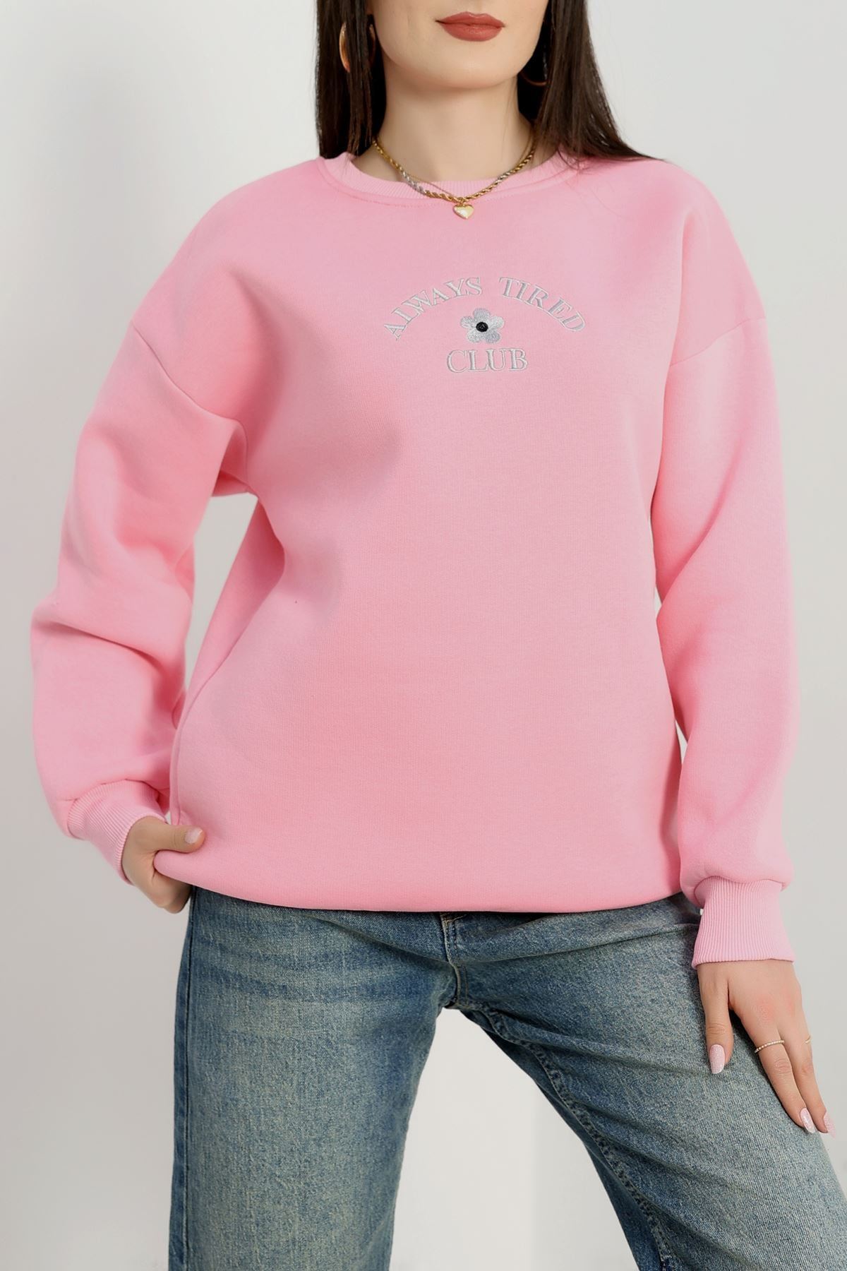 3 İplik Bisiklet Yaka Sweat Pembe - 42239.1878.