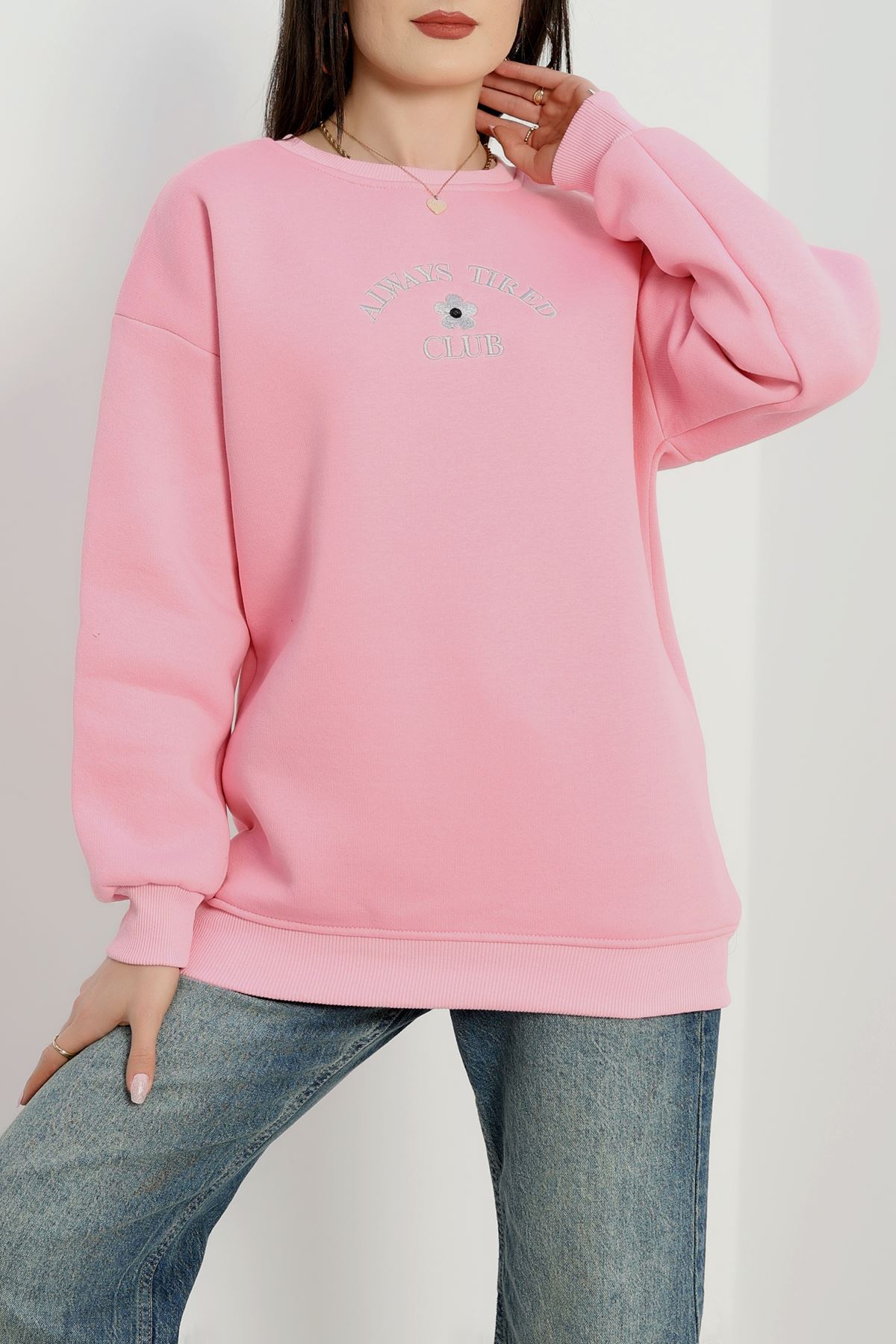 3 İplik Bisiklet Yaka Sweat Pembe - 42239.1878.