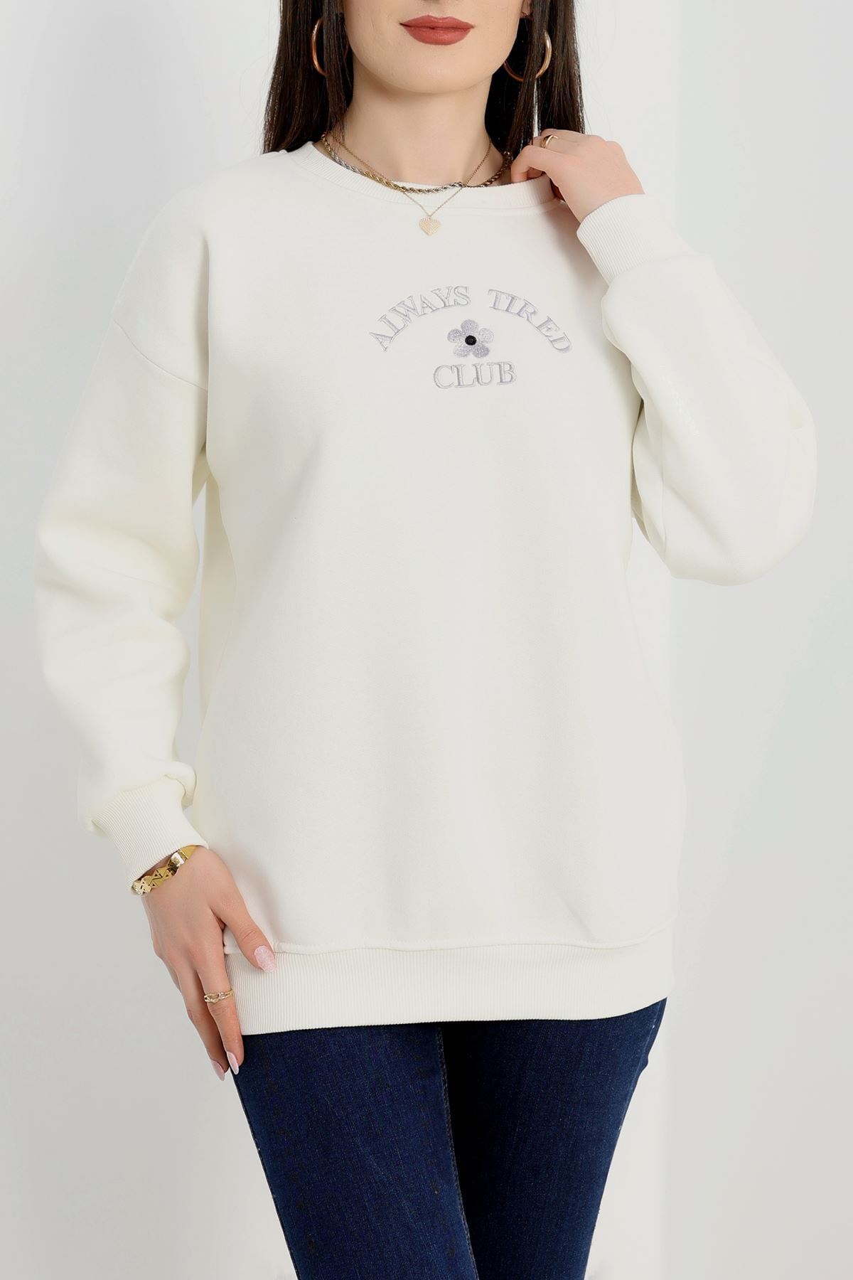 3 İplik Bisiklet Yaka Sweat Beyaz - 42239.1878.