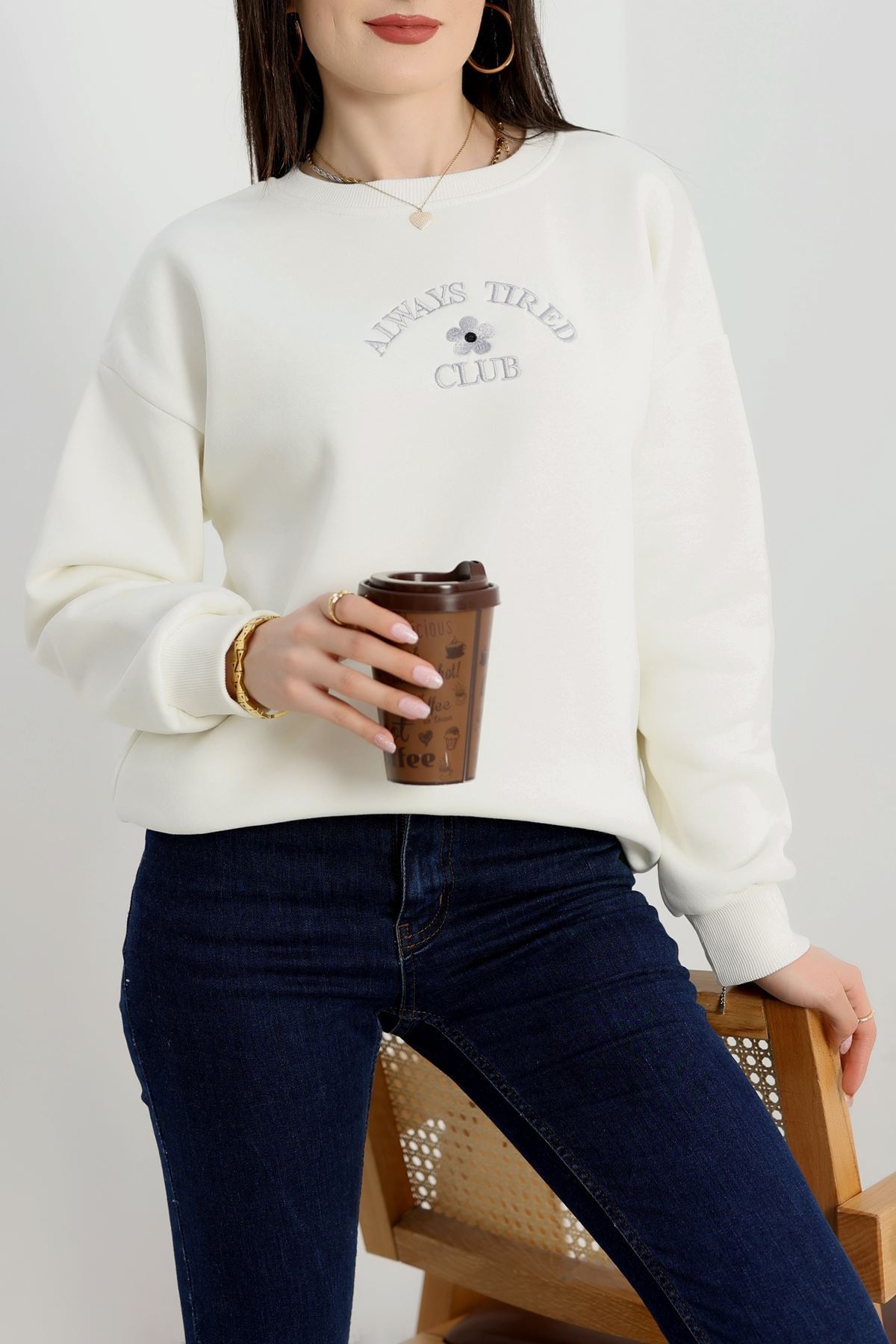 3 İplik Bisiklet Yaka Sweat Beyaz - 42239.1878.