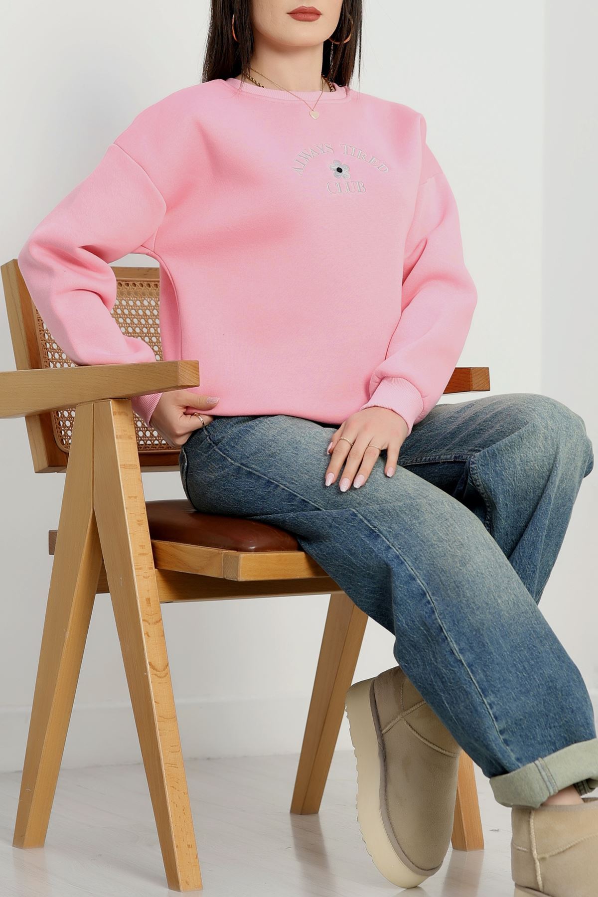 3 İplik Bisiklet Yaka Sweat Pembe - 42239.1878.