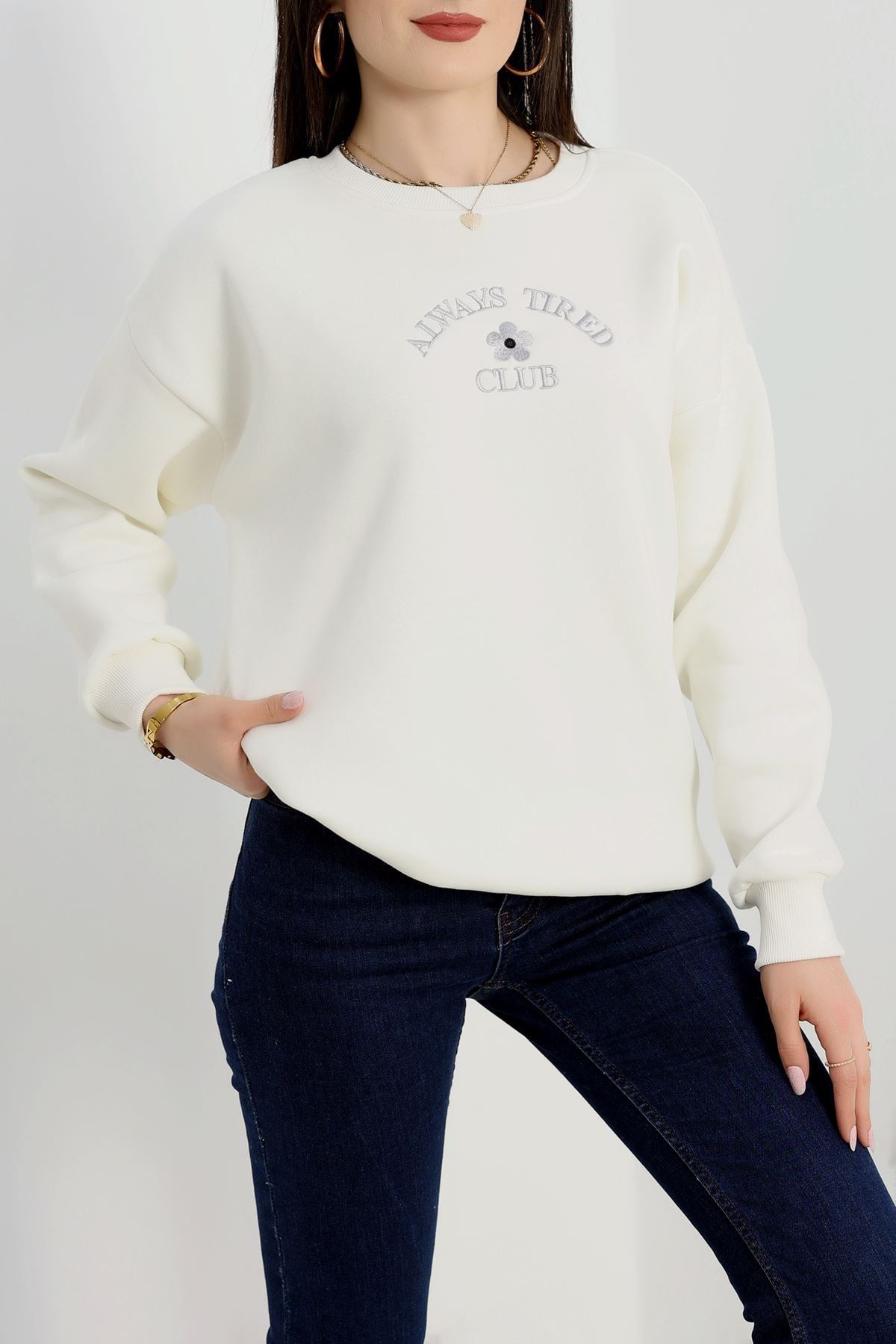 3 İplik Bisiklet Yaka Sweat Beyaz - 42239.1878.