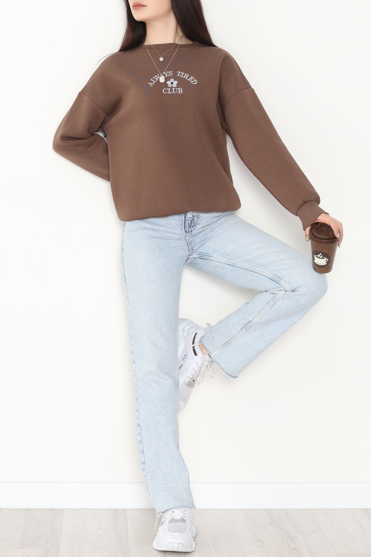 3 İplik Bisiklet Yaka Sweat Açıkkahve - 42239.1878.