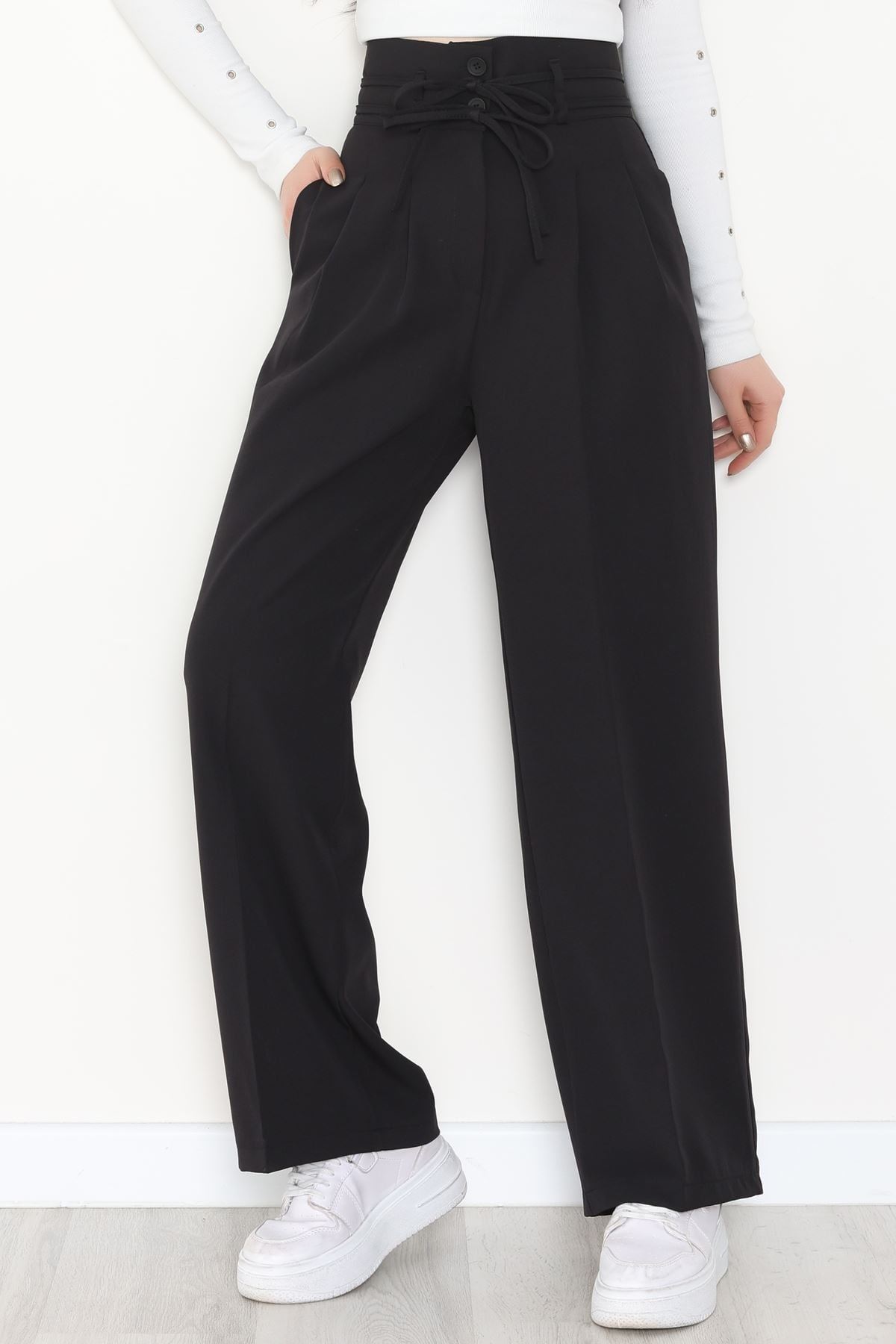 Dabıl Kumaş İp Bağlamalı Palazzo Pantolon Siyah - 51111.1991.