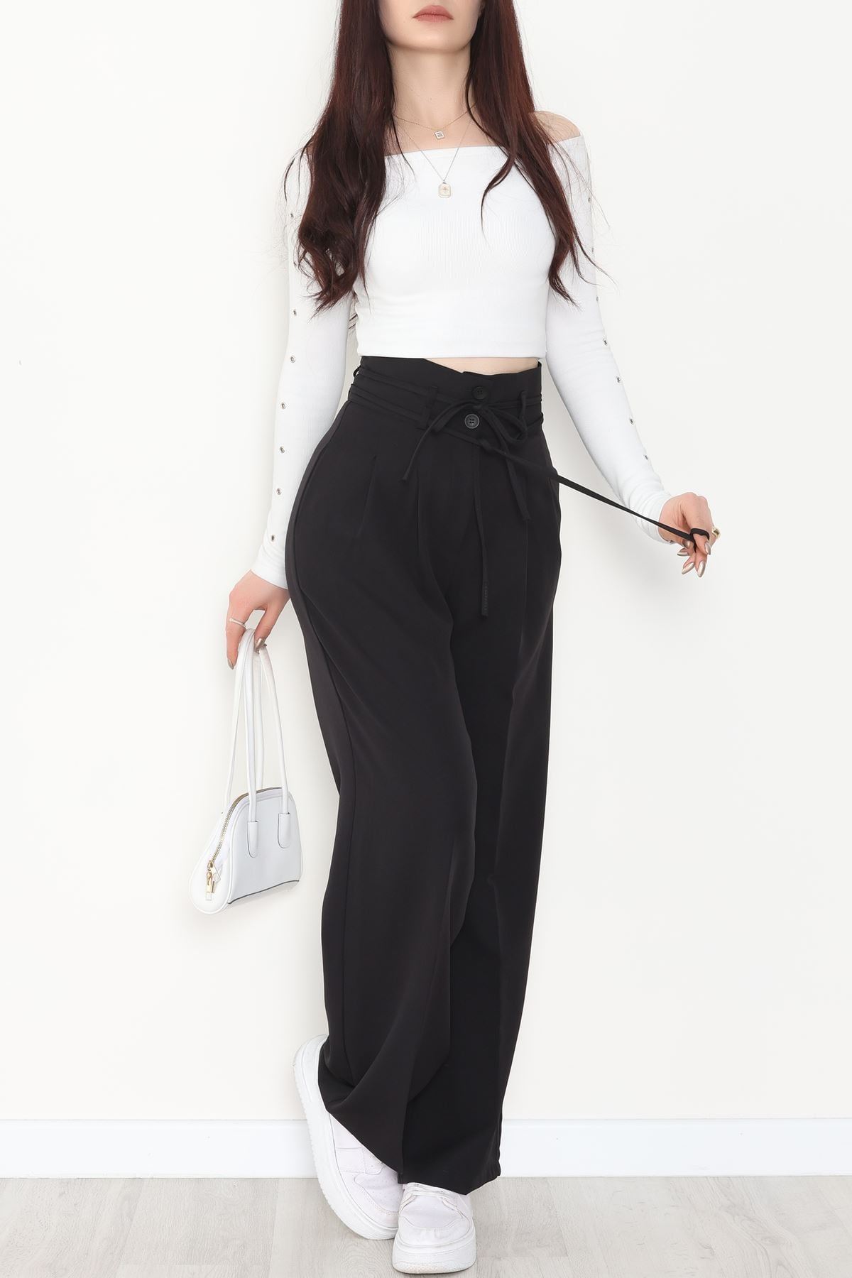 Dabıl Kumaş İp Bağlamalı Palazzo Pantolon Siyah - 51111.1991.