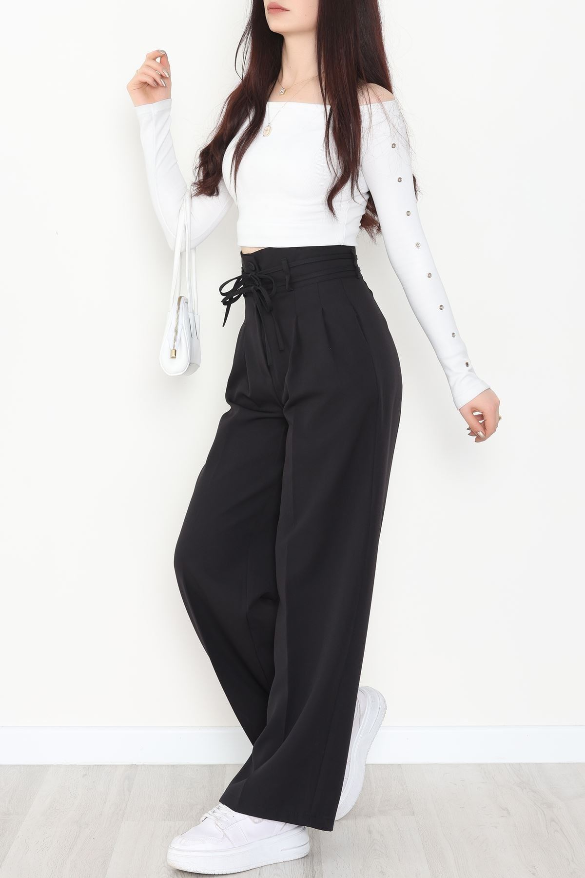 Dabıl Kumaş İp Bağlamalı Palazzo Pantolon Siyah - 51111.1991.