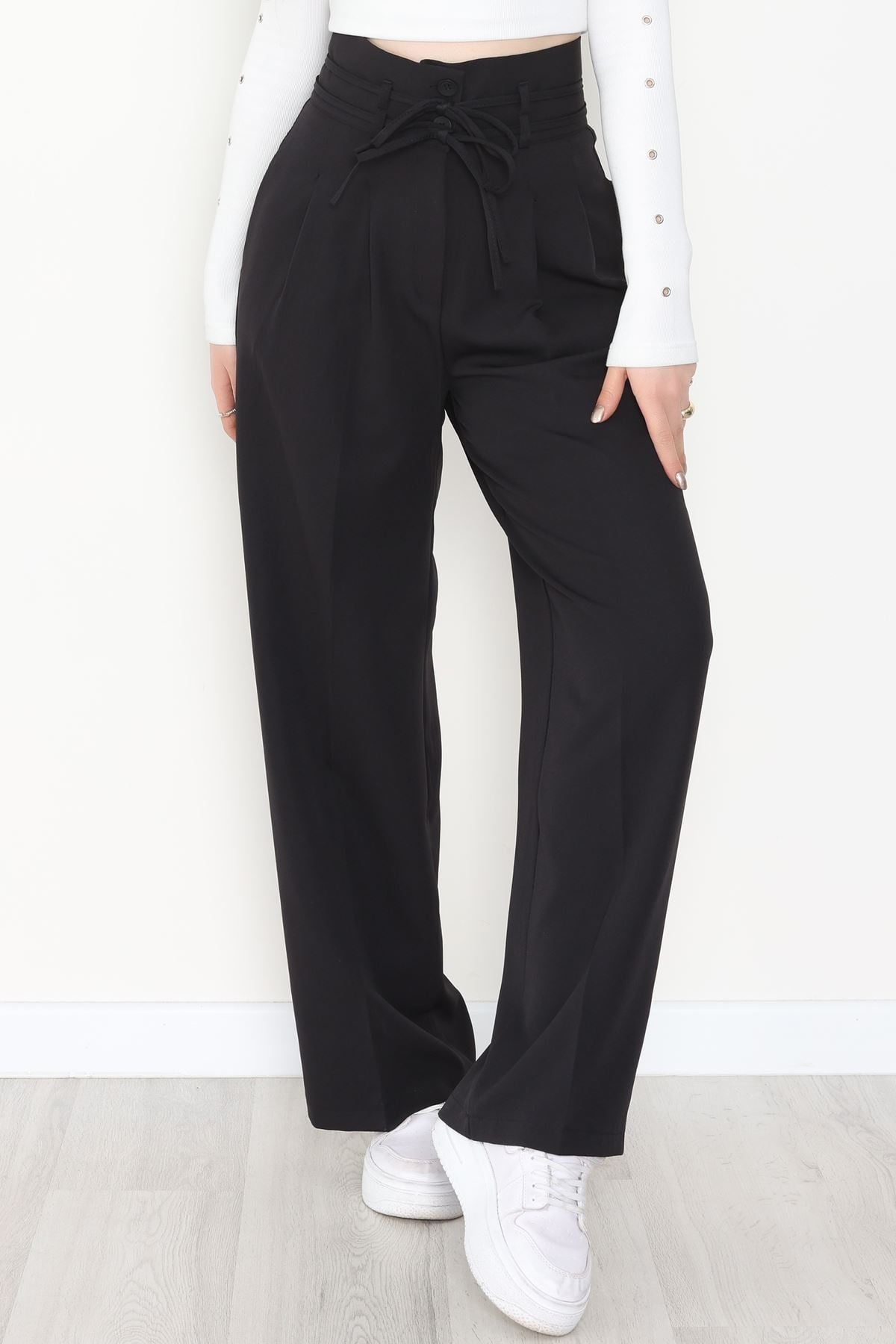 Dabıl Kumaş İp Bağlamalı Palazzo Pantolon Siyah - 51111.1991.