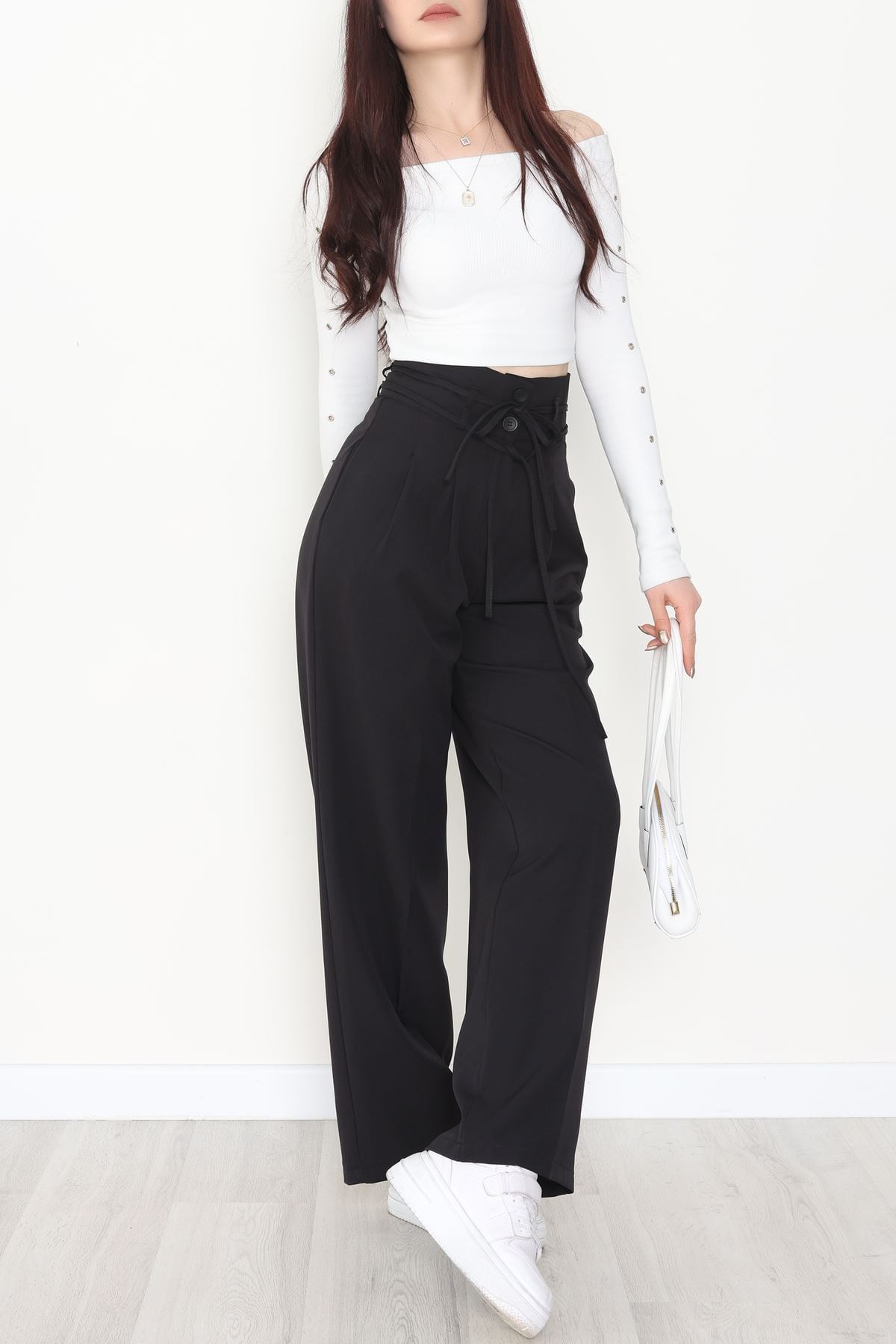 Dabıl Kumaş İp Bağlamalı Palazzo Pantolon Siyah - 51111.1991.