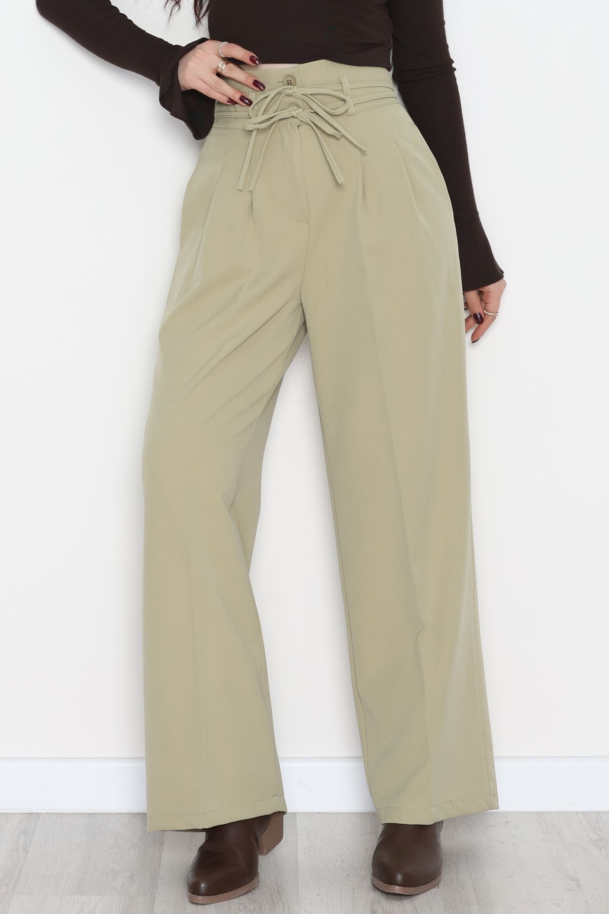 Dabıl Kumaş İp Bağlamalı Palazzo Pantolon Çağla - 51111.1991.