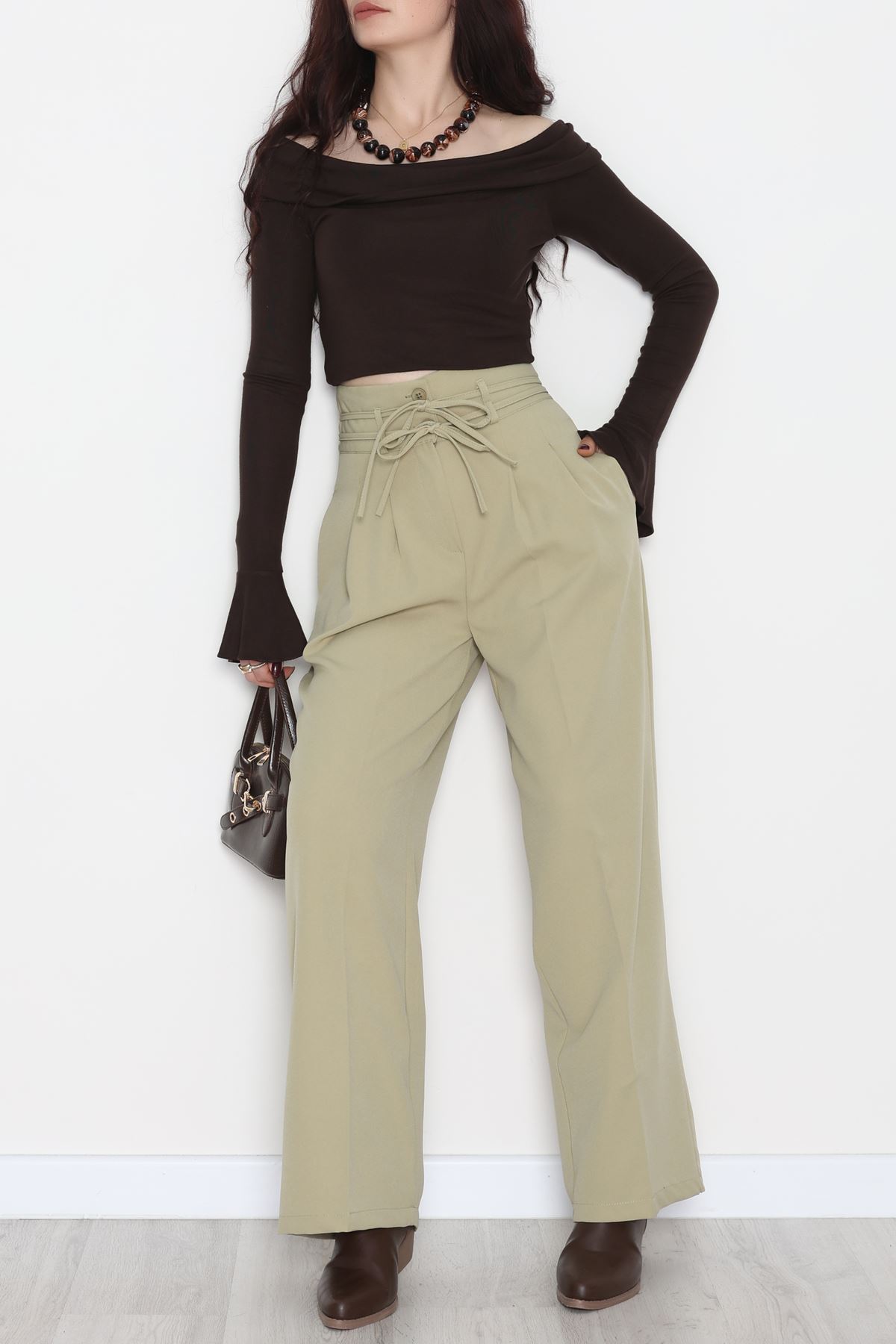 Dabıl Kumaş İp Bağlamalı Palazzo Pantolon Çağla - 51111.1991.