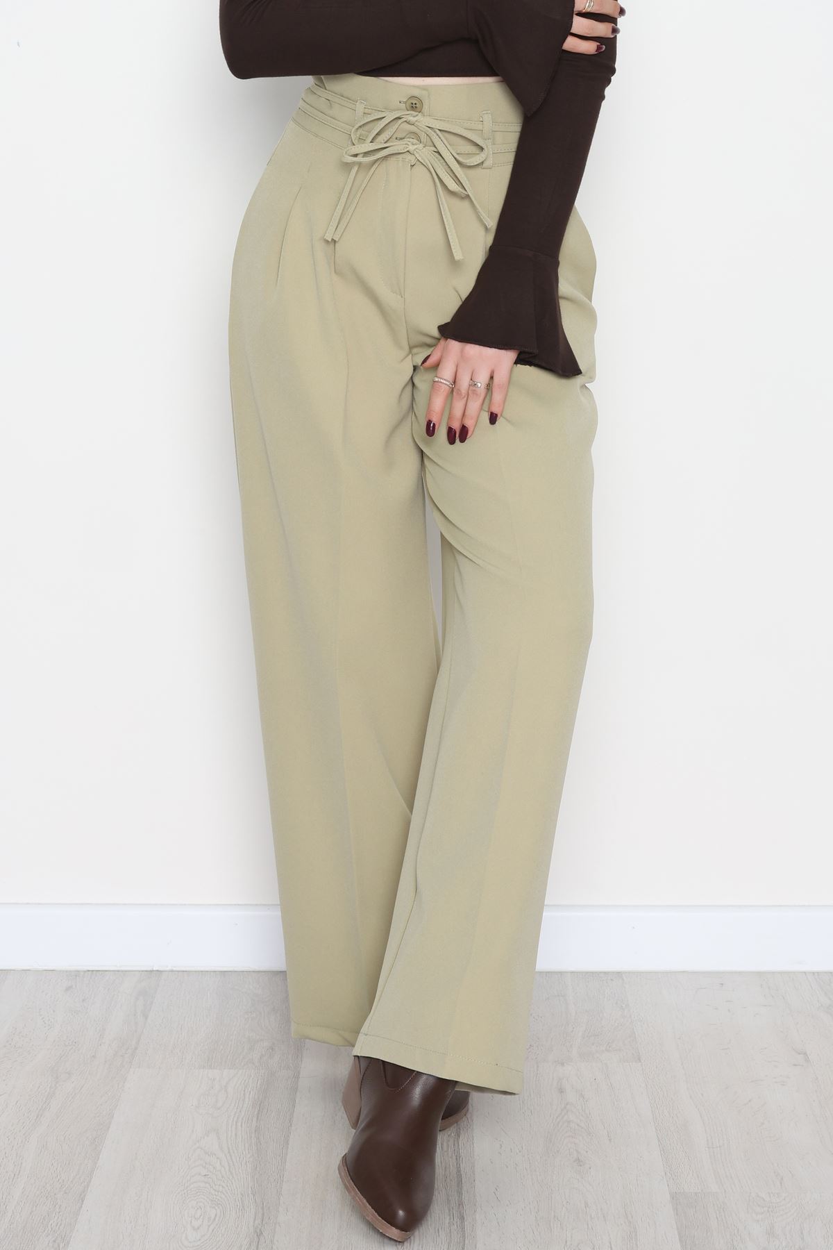 Dabıl Kumaş İp Bağlamalı Palazzo Pantolon Çağla - 51111.1991.