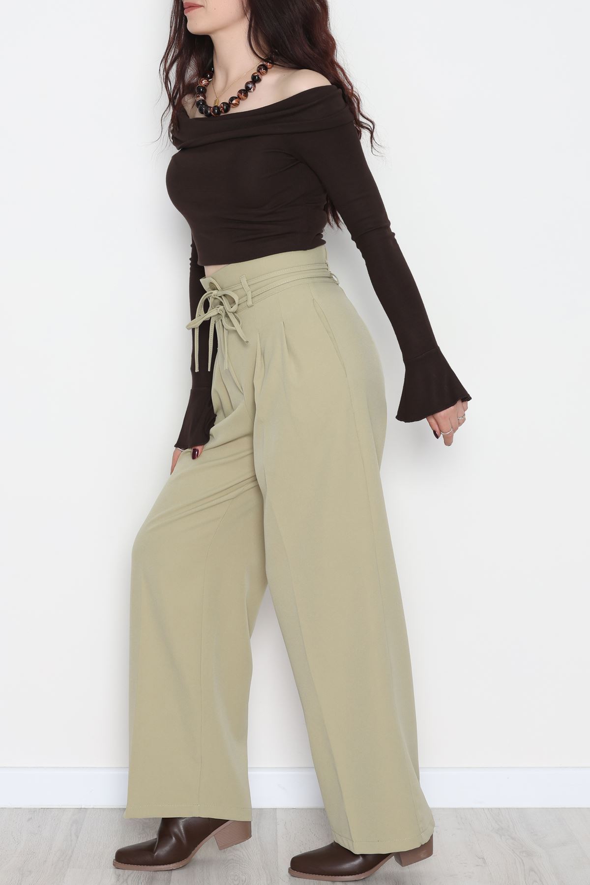 Dabıl Kumaş İp Bağlamalı Palazzo Pantolon Çağla - 51111.1991.
