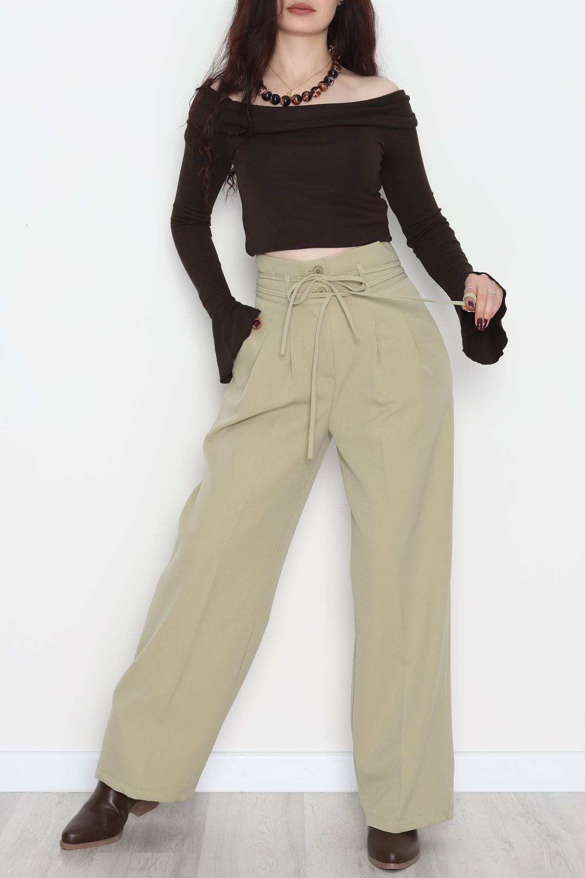 Dabıl Kumaş İp Bağlamalı Palazzo Pantolon Çağla - 51111.1991.