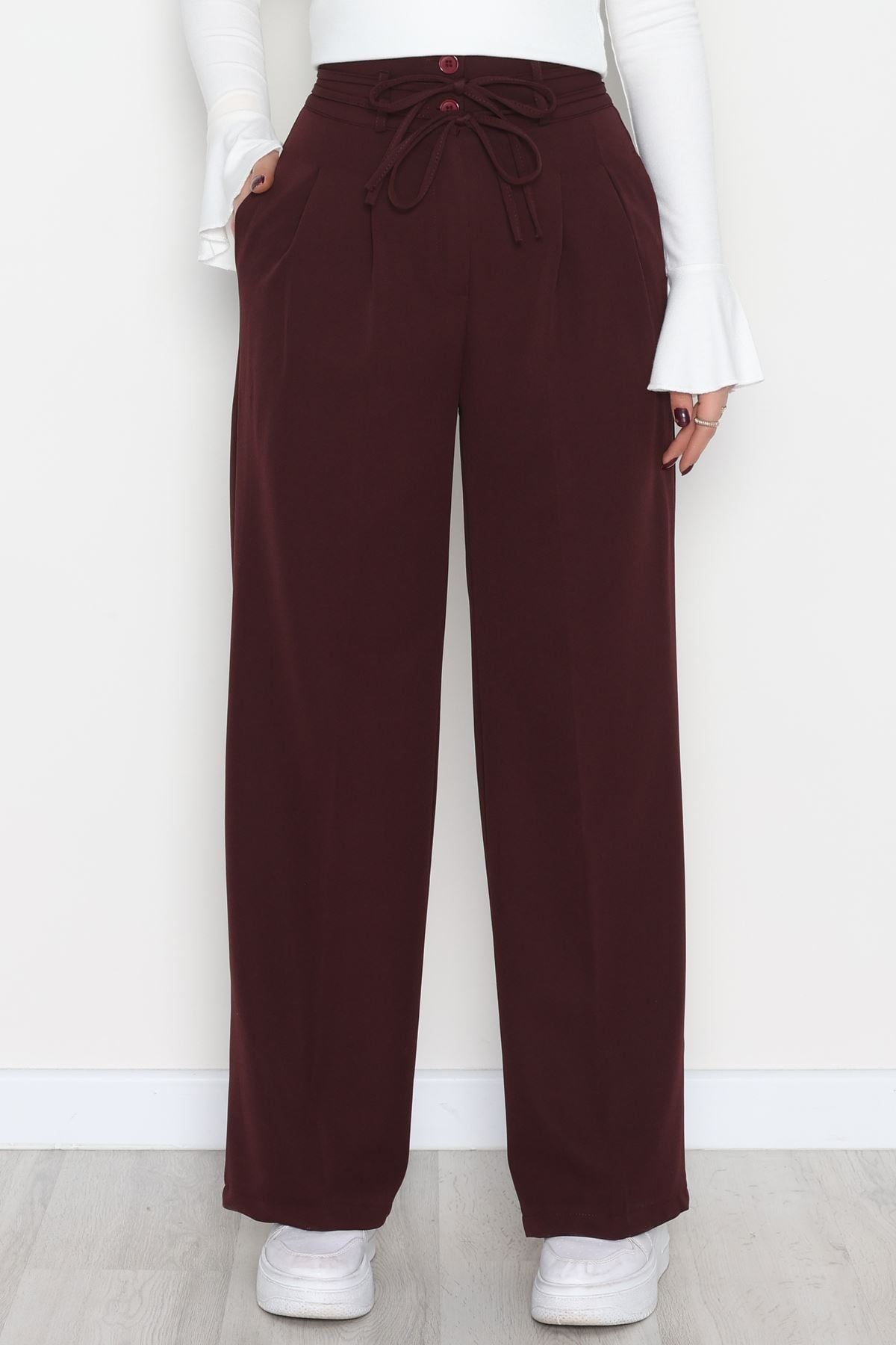 Dabıl Kumaş İp Bağlamalı Palazzo Pantolon Mürdüm - 51111.1991.