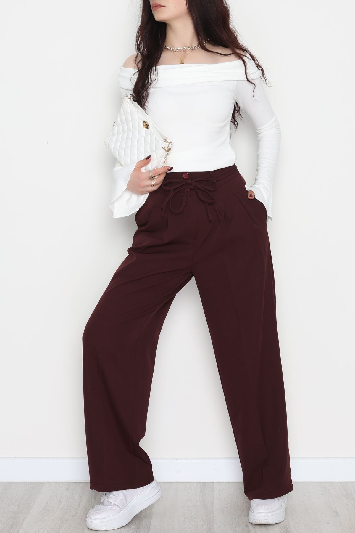 Dabıl Kumaş İp Bağlamalı Palazzo Pantolon Mürdüm - 51111.1991.