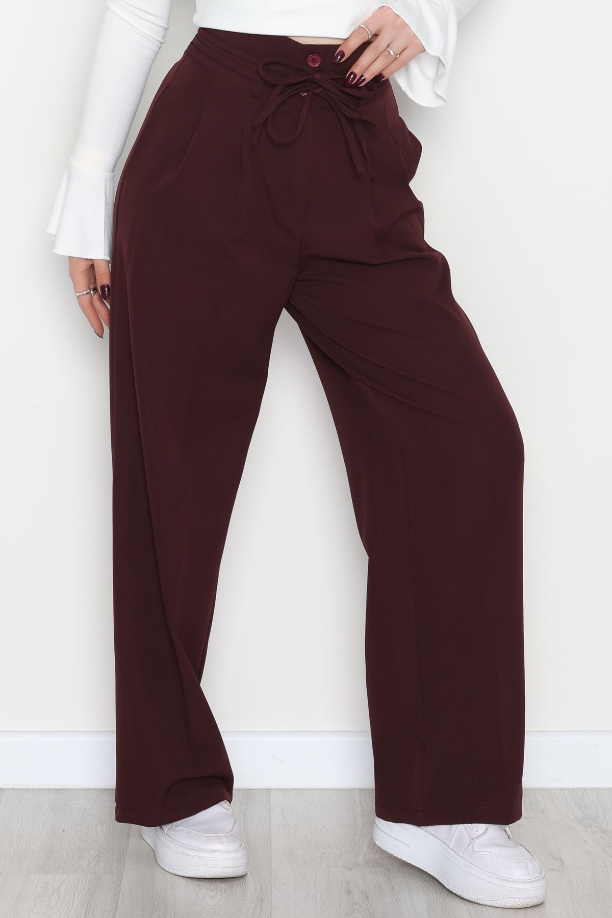 Dabıl Kumaş İp Bağlamalı Palazzo Pantolon Mürdüm - 51111.1991.