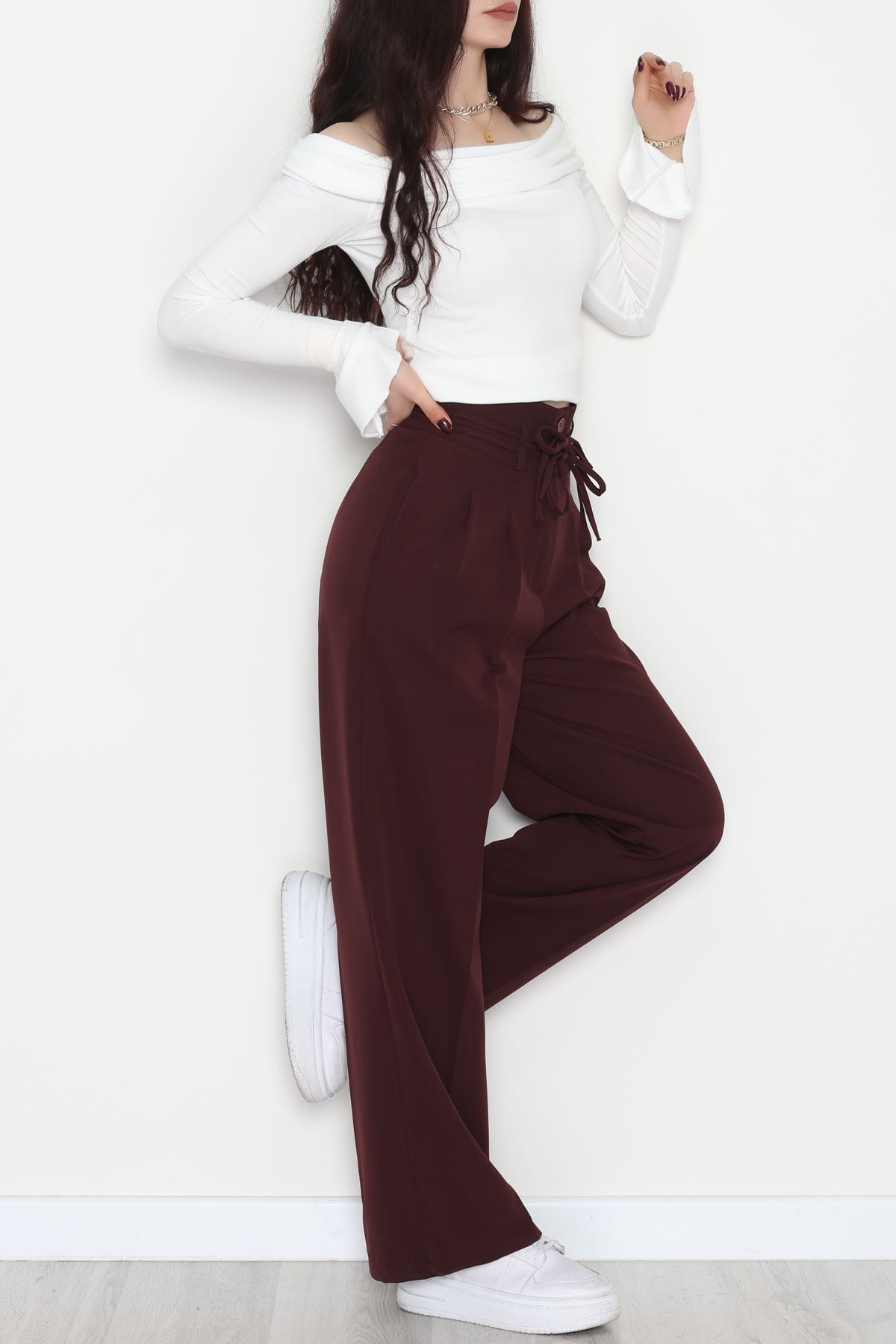 Dabıl Kumaş İp Bağlamalı Palazzo Pantolon Mürdüm - 51111.1991.