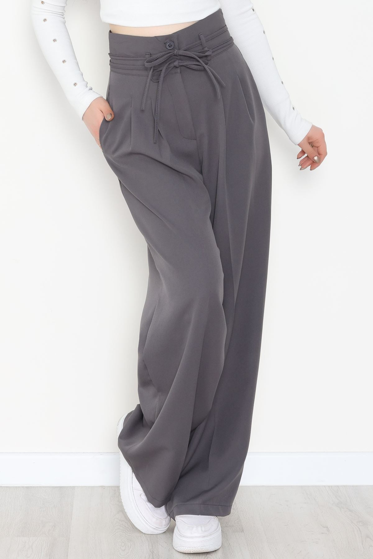 Dabıl Kumaş İp Bağlamalı Palazzo Pantolon Antrasit - 51111.1991.