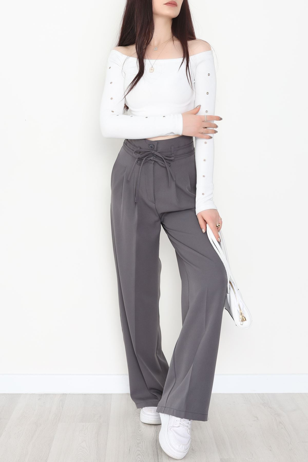 Dabıl Kumaş İp Bağlamalı Palazzo Pantolon Antrasit - 51111.1991.