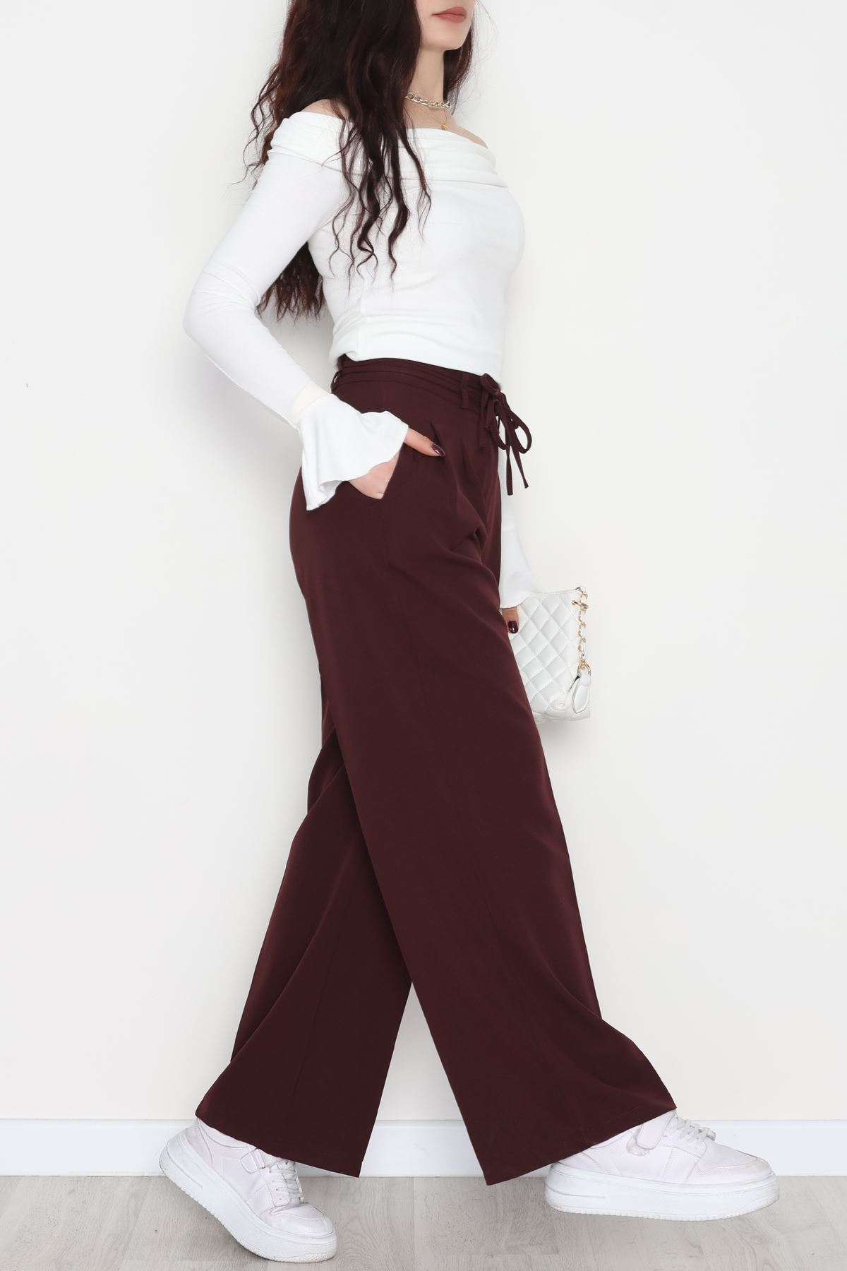 Dabıl Kumaş İp Bağlamalı Palazzo Pantolon Mürdüm - 51111.1991.